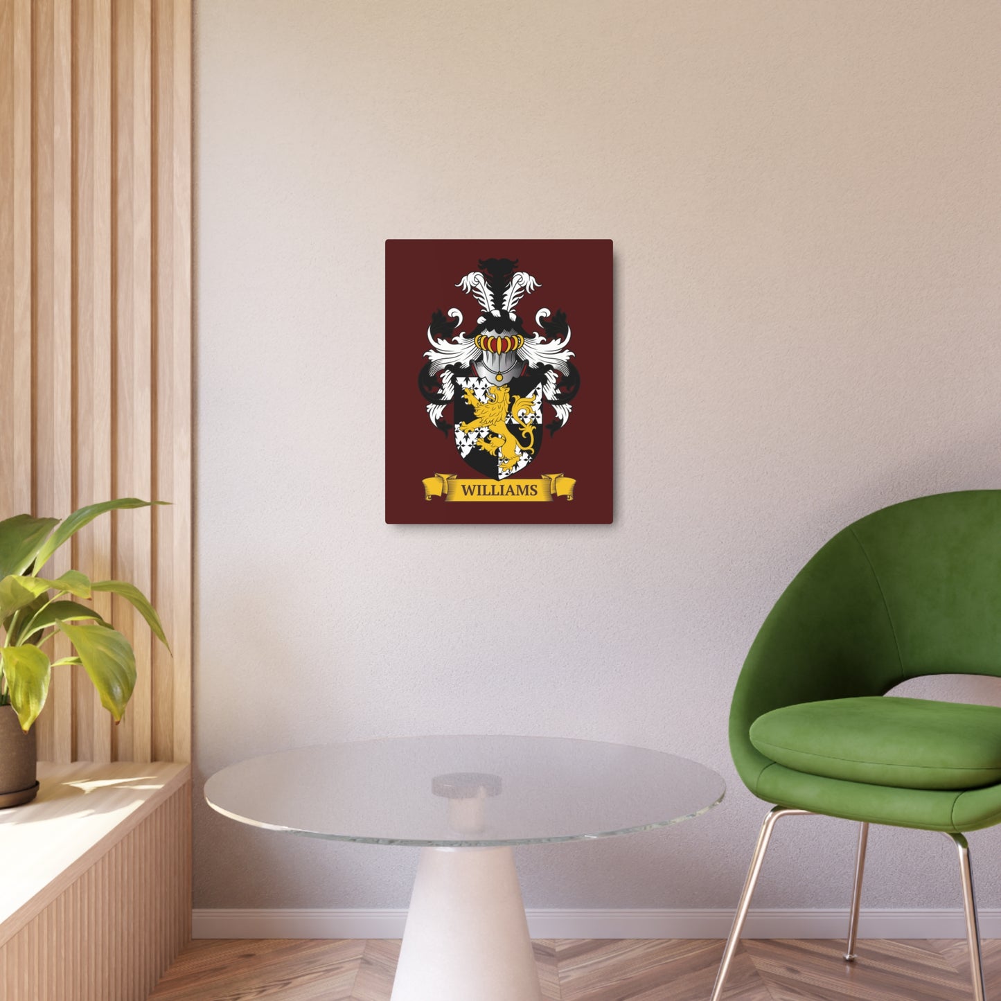 Burgundy color family crest metal print on a wall in a modern living room.