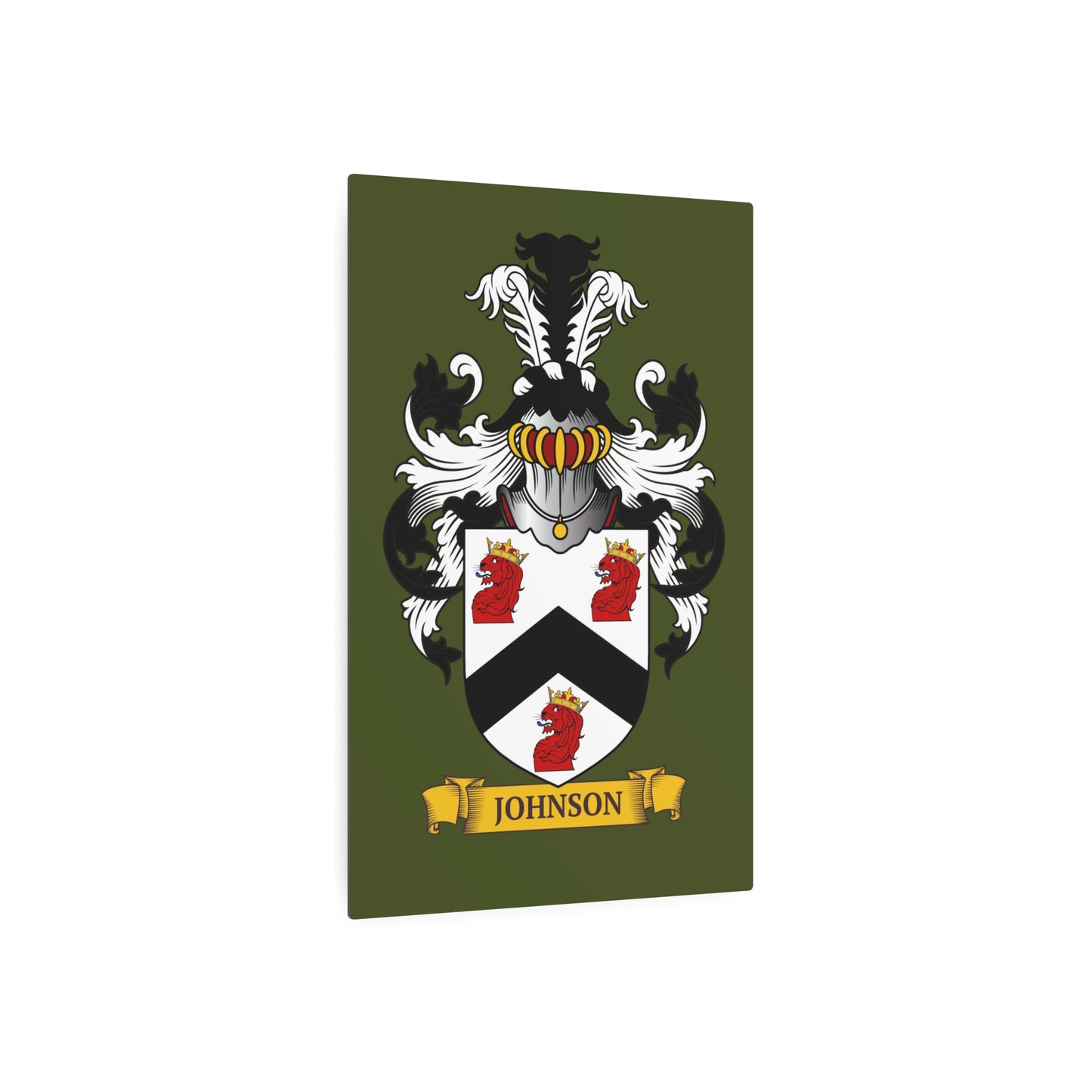 Personalized green metal print of a family crest, on a white background
