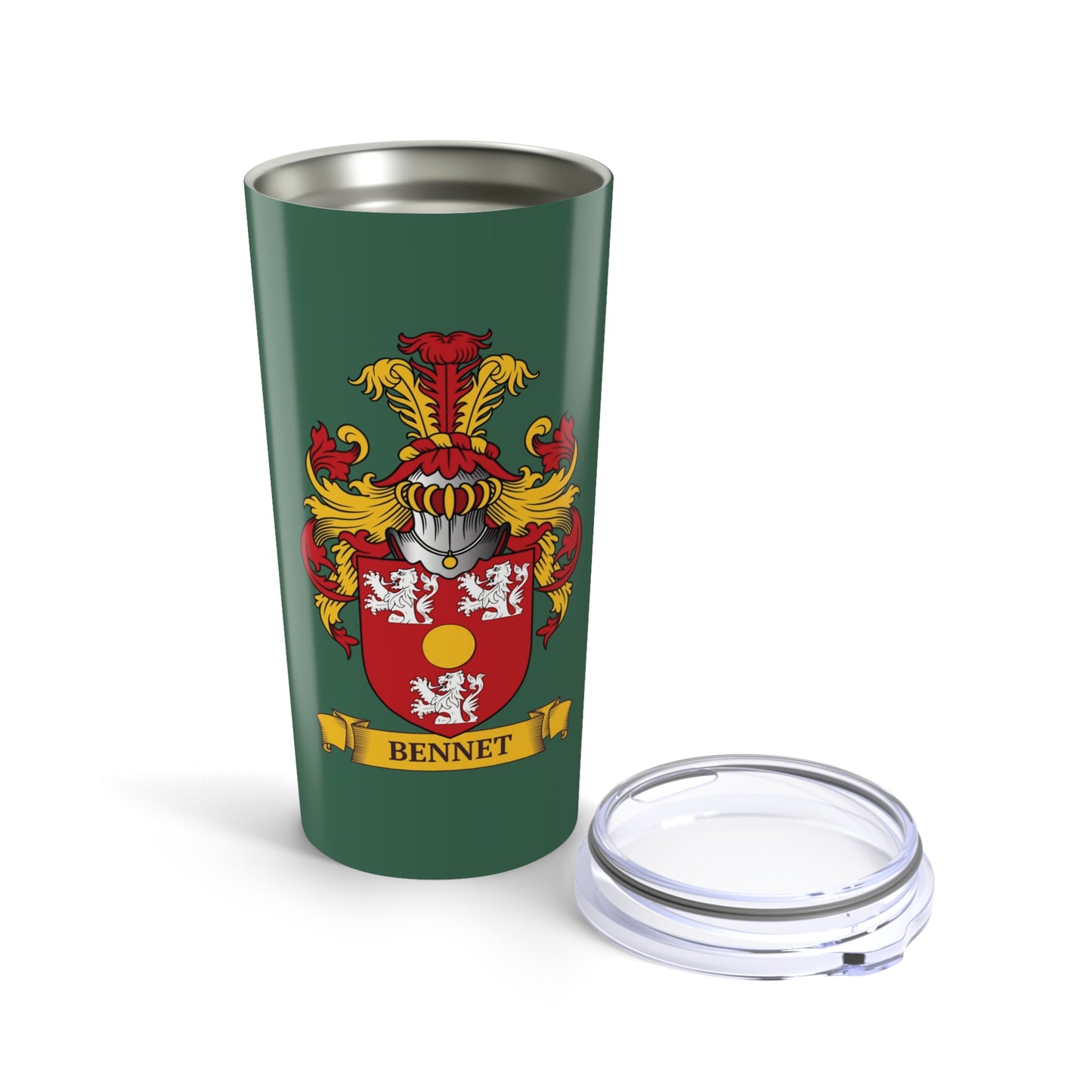 Green tumbler with a coat of arms design and 'Bennet' last name on a scroll with open lid