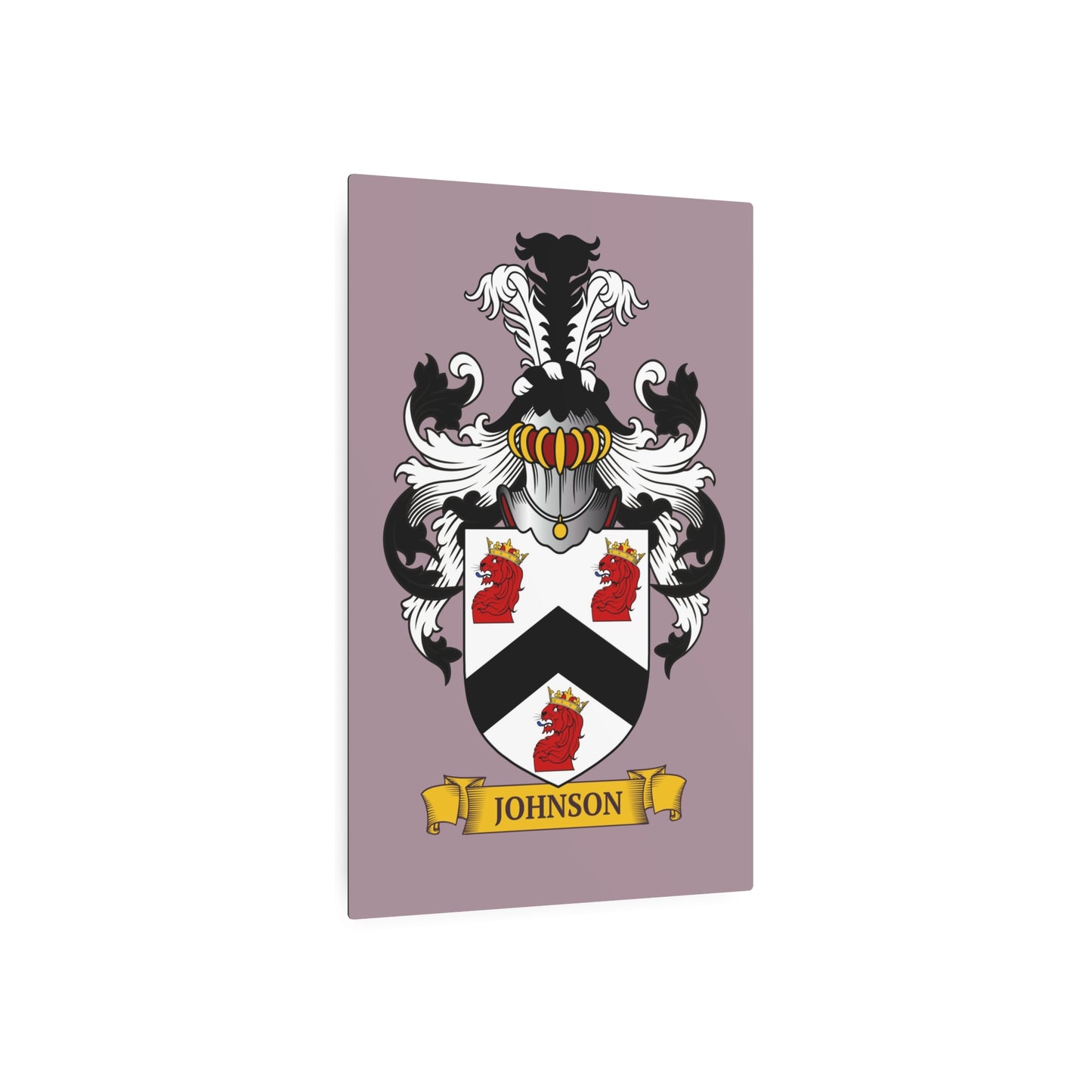 Mauve metal print of a family crest, on a white background