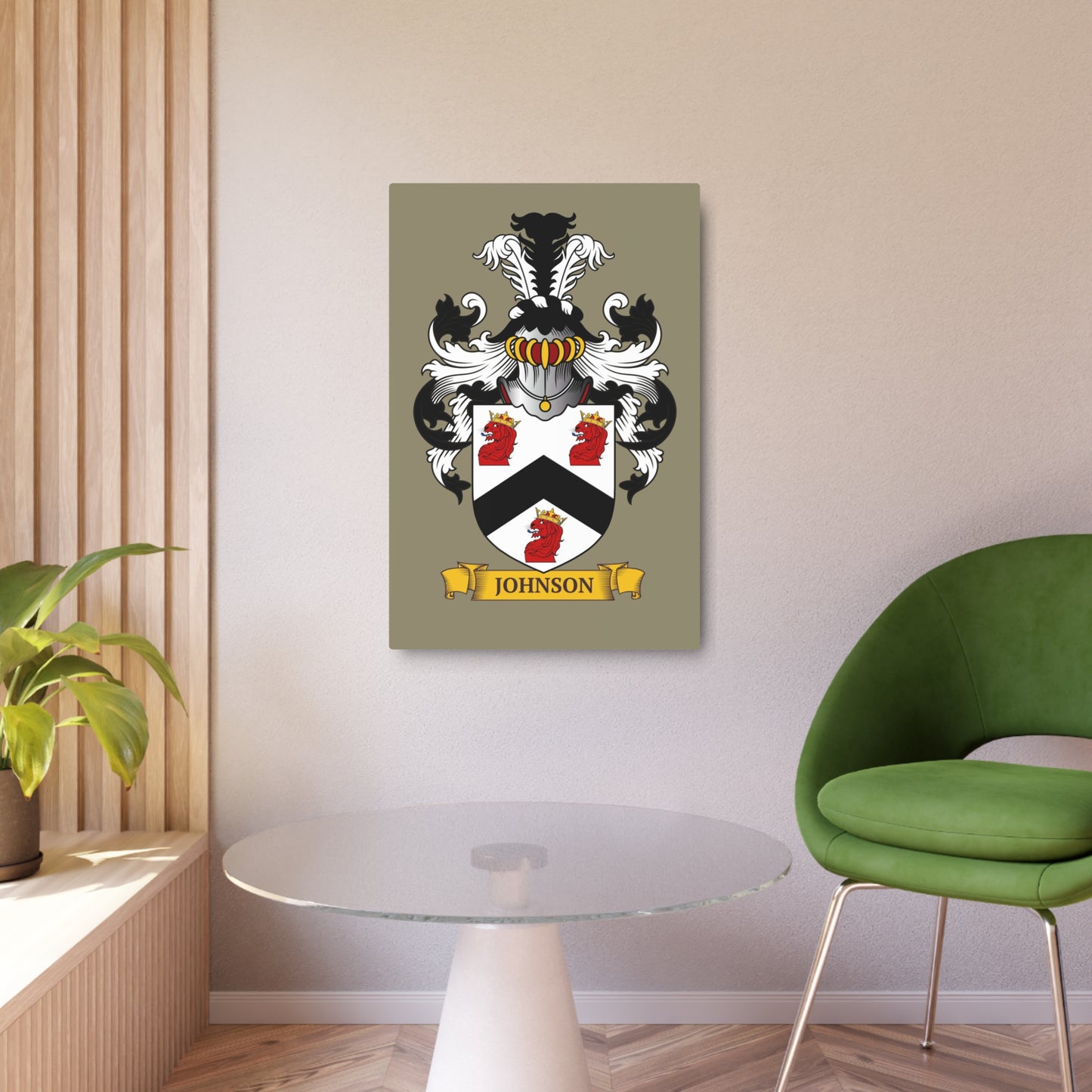 Beige metal print of a family crest, on a wall in a modern room with a chair and plant.