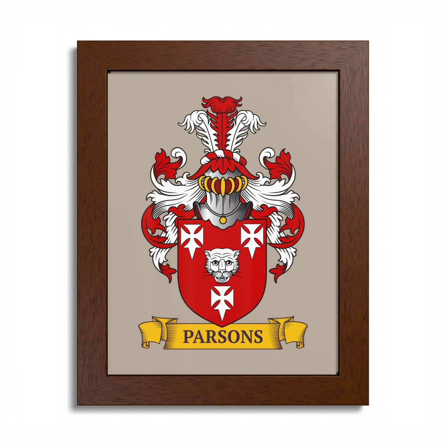 Personalized framed family crest print on a beige background
