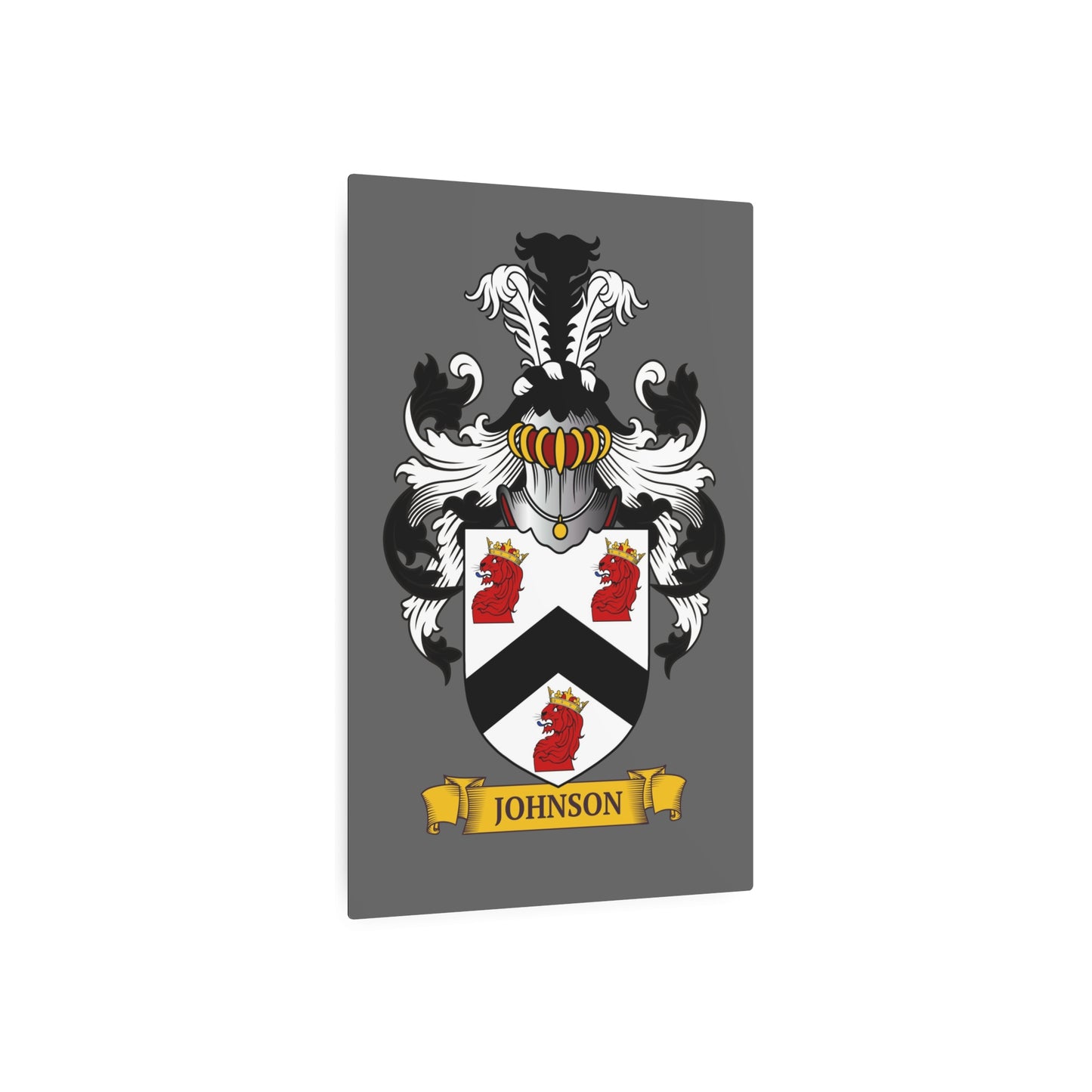 Customized gray metal print of a family crest, on a white background