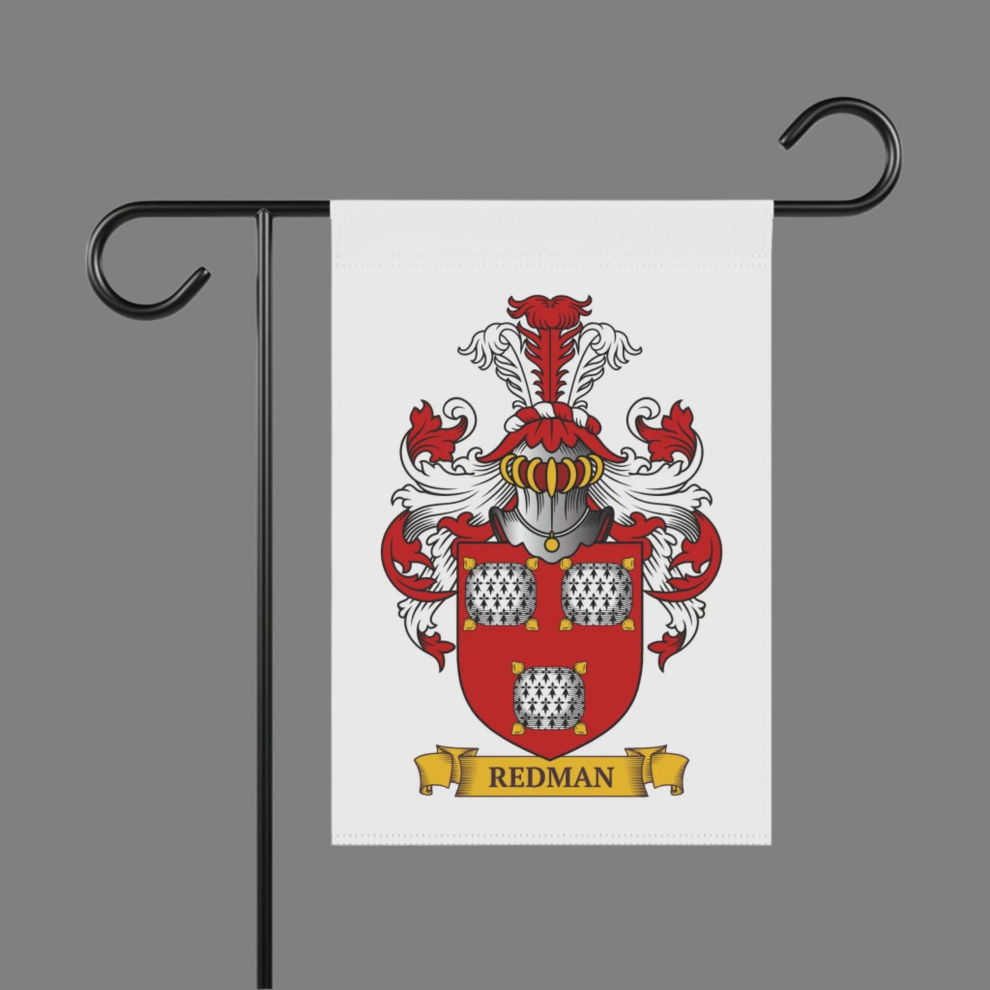 Personalized Garden flag with a red and white coat of arms and customized last name on a gray background.