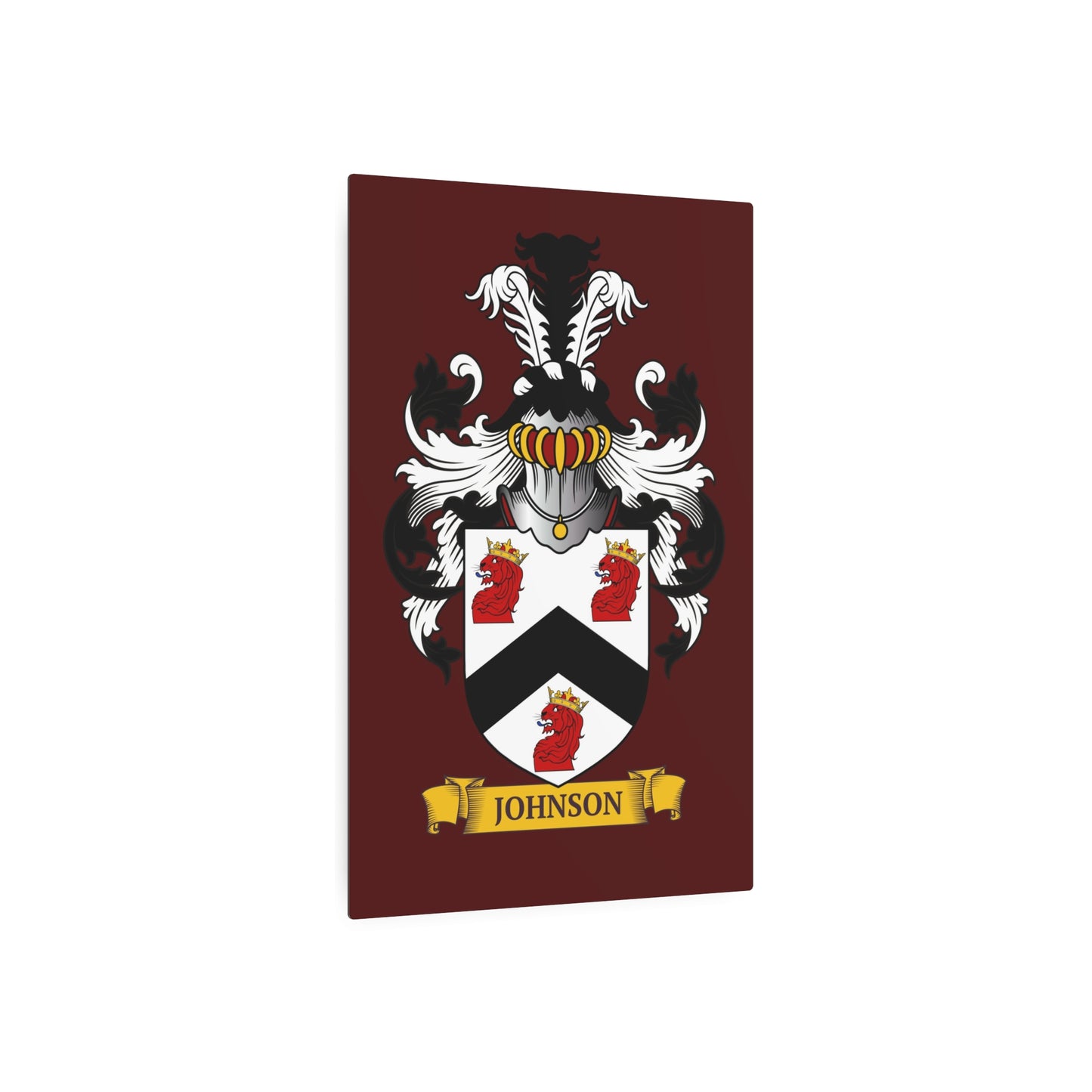 Personalized burgundy metal print of a family crest, on a white background