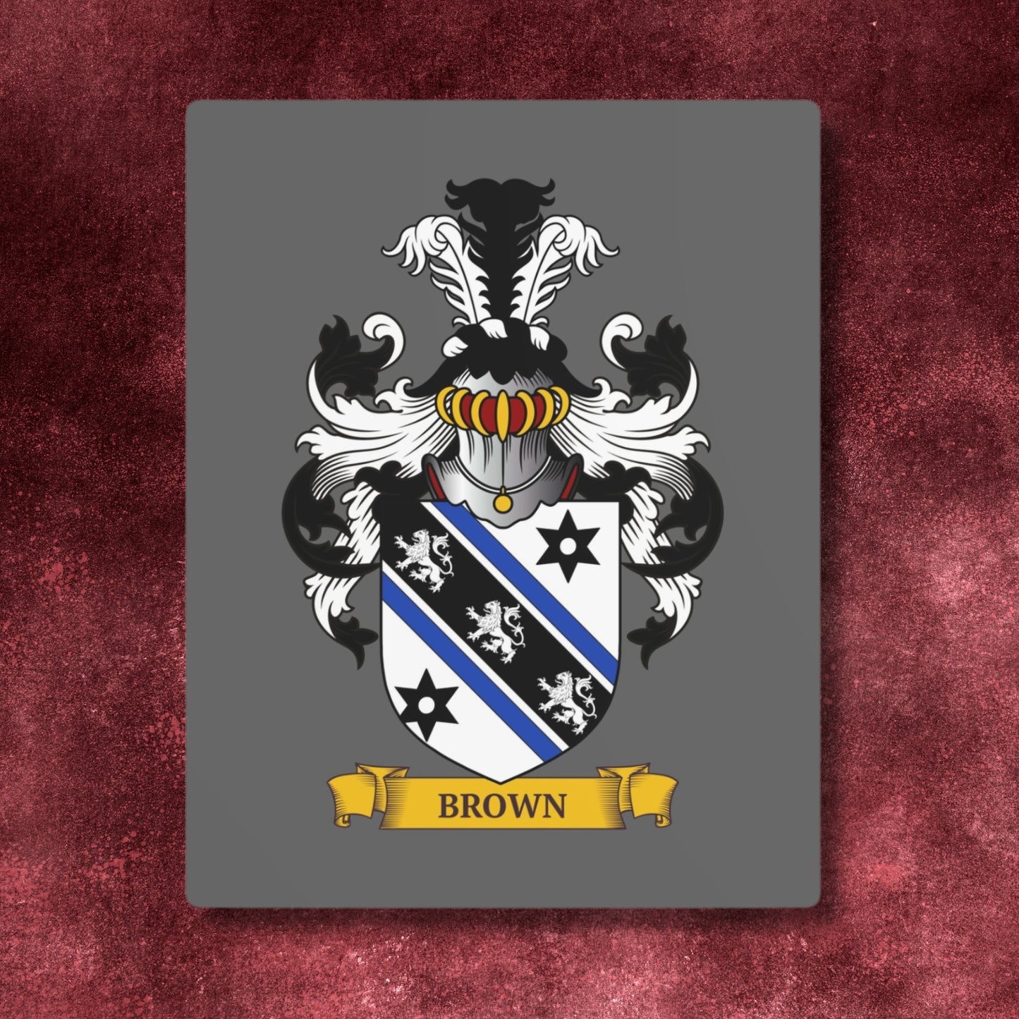 Personalized gray metal print with a Family crest on a burgundy background