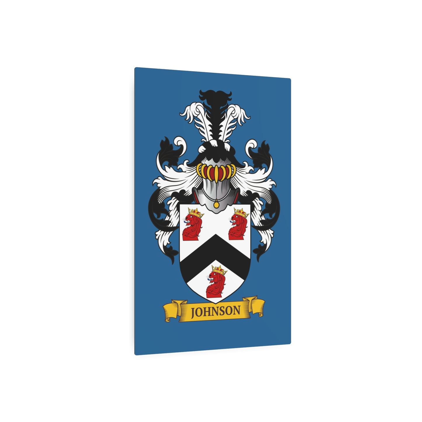 Personalized blue metal print of a family crest, on a white background.
