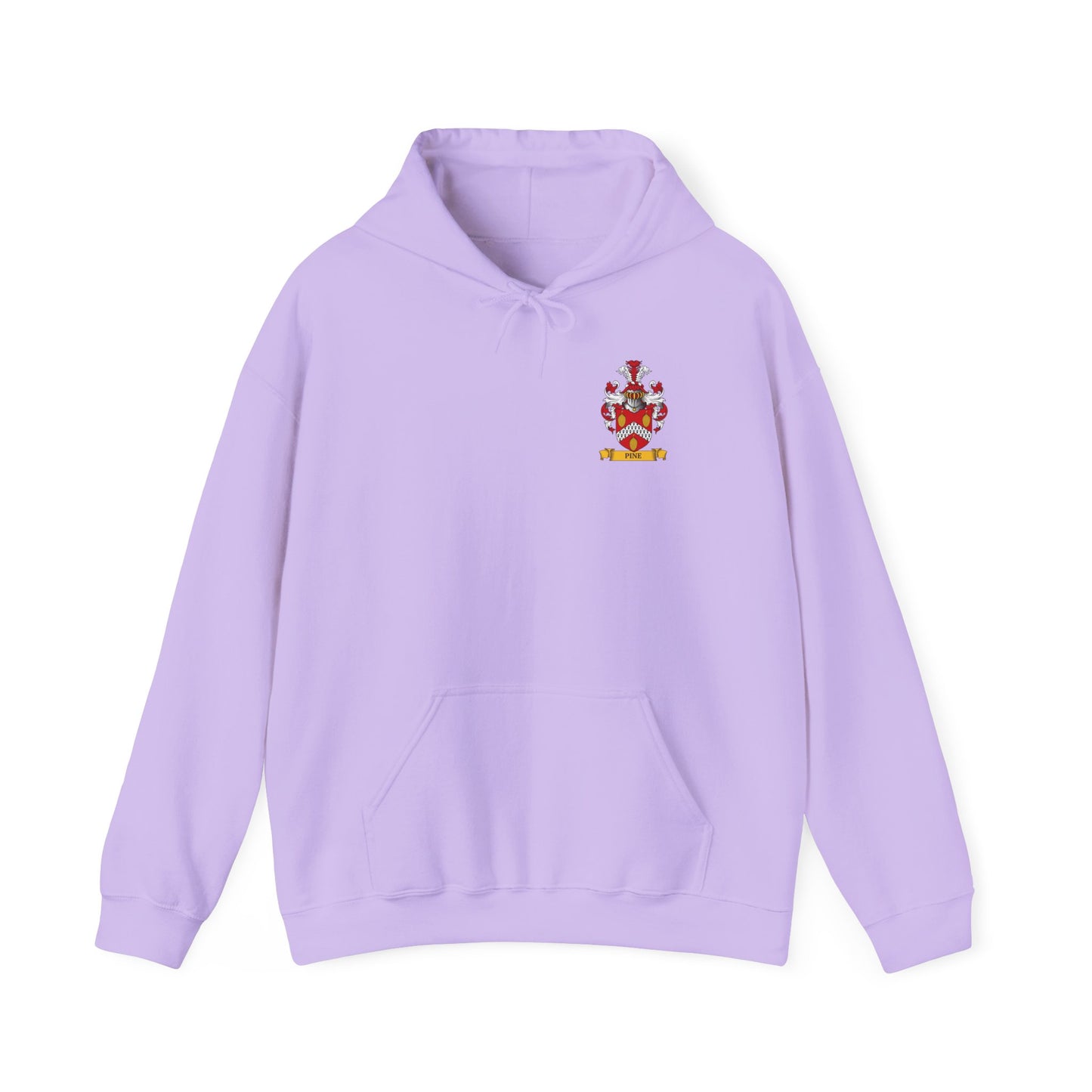 Lavender hoodie with a personalized family crest on a white background