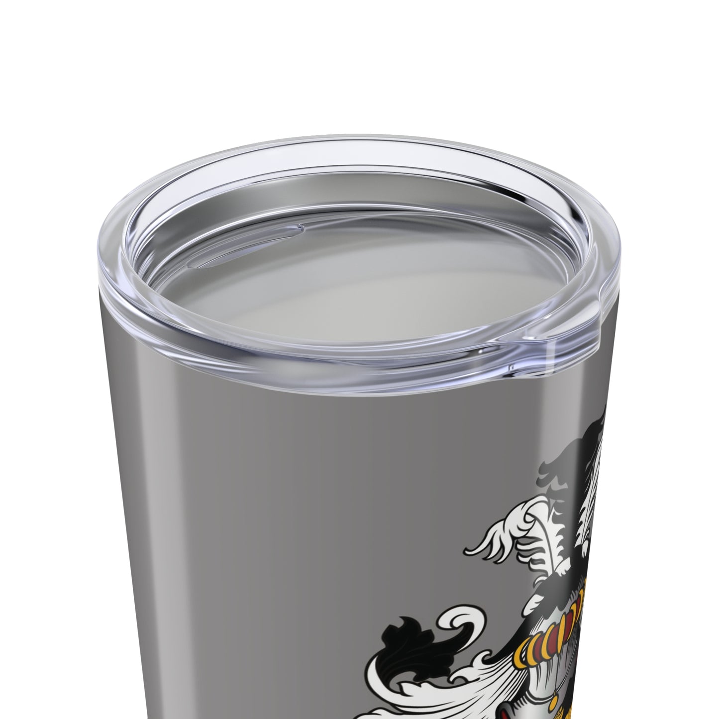 Stainless steel gray color tumbler with a family crest design on a white background