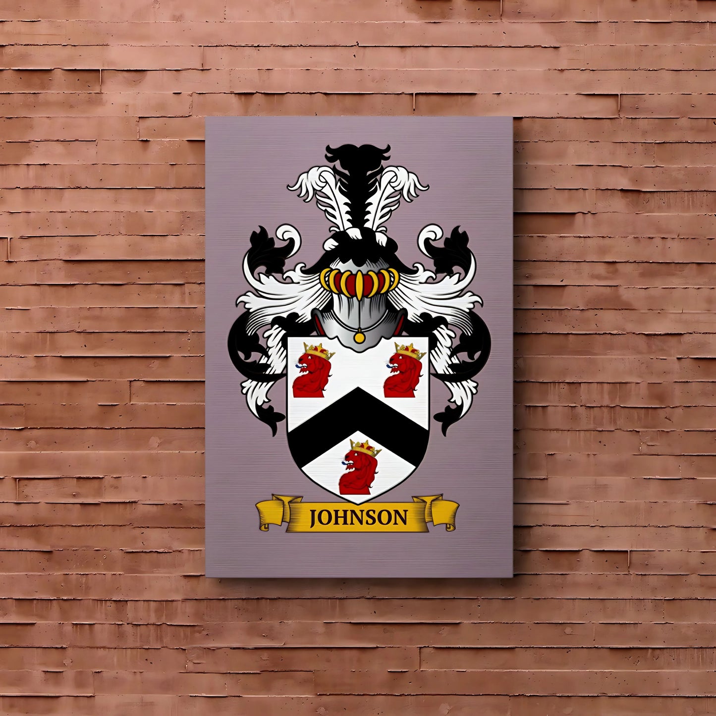 Mauve metal print of a family crest, on a brick wall.