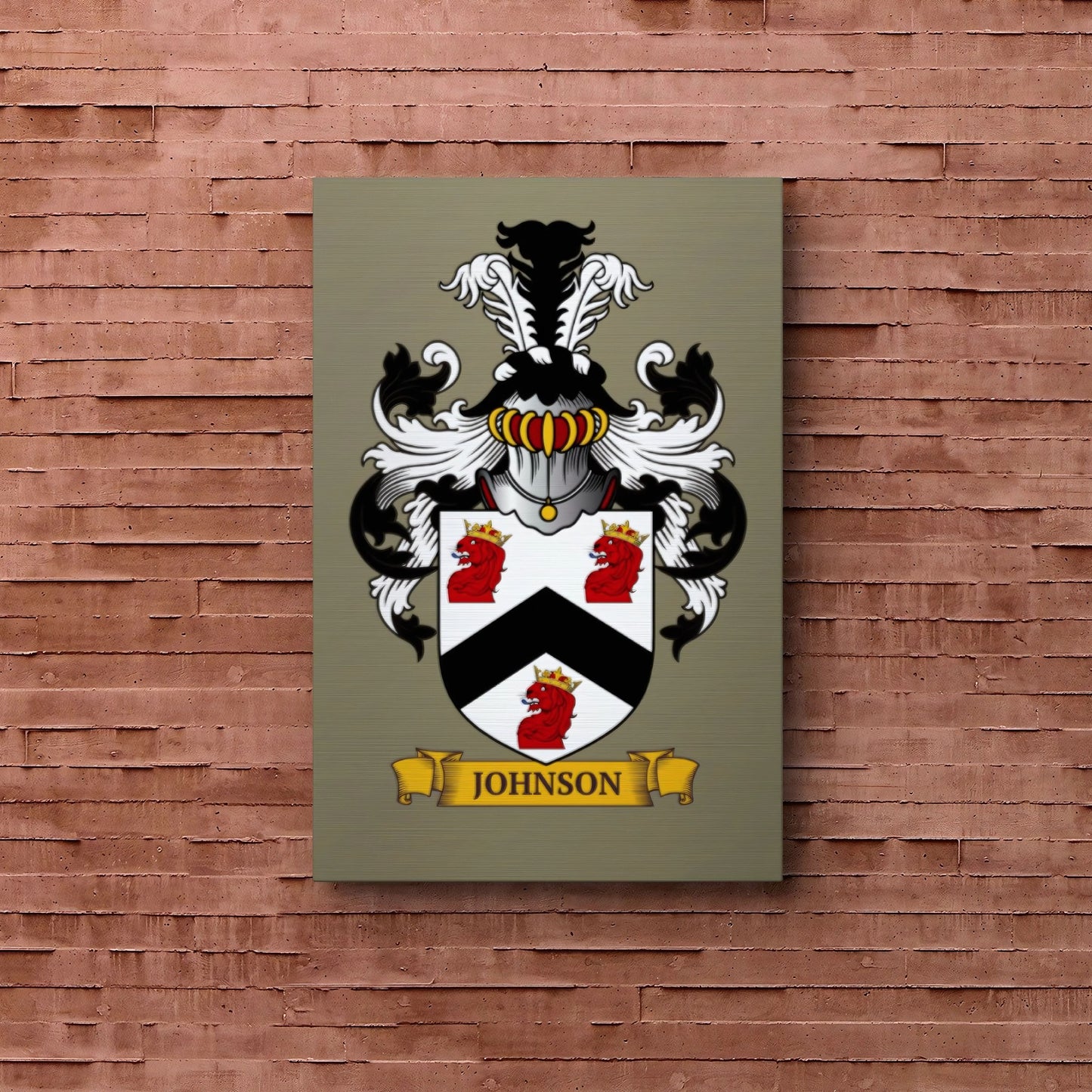 Beige metal print of a family crest, over a brick wall.