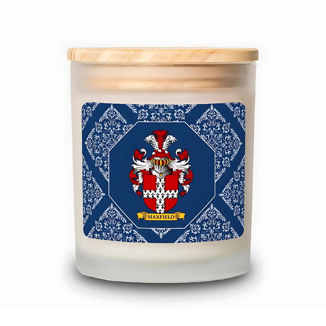 Personalized scented blue candle with a featuring a coat of arms on a navy background