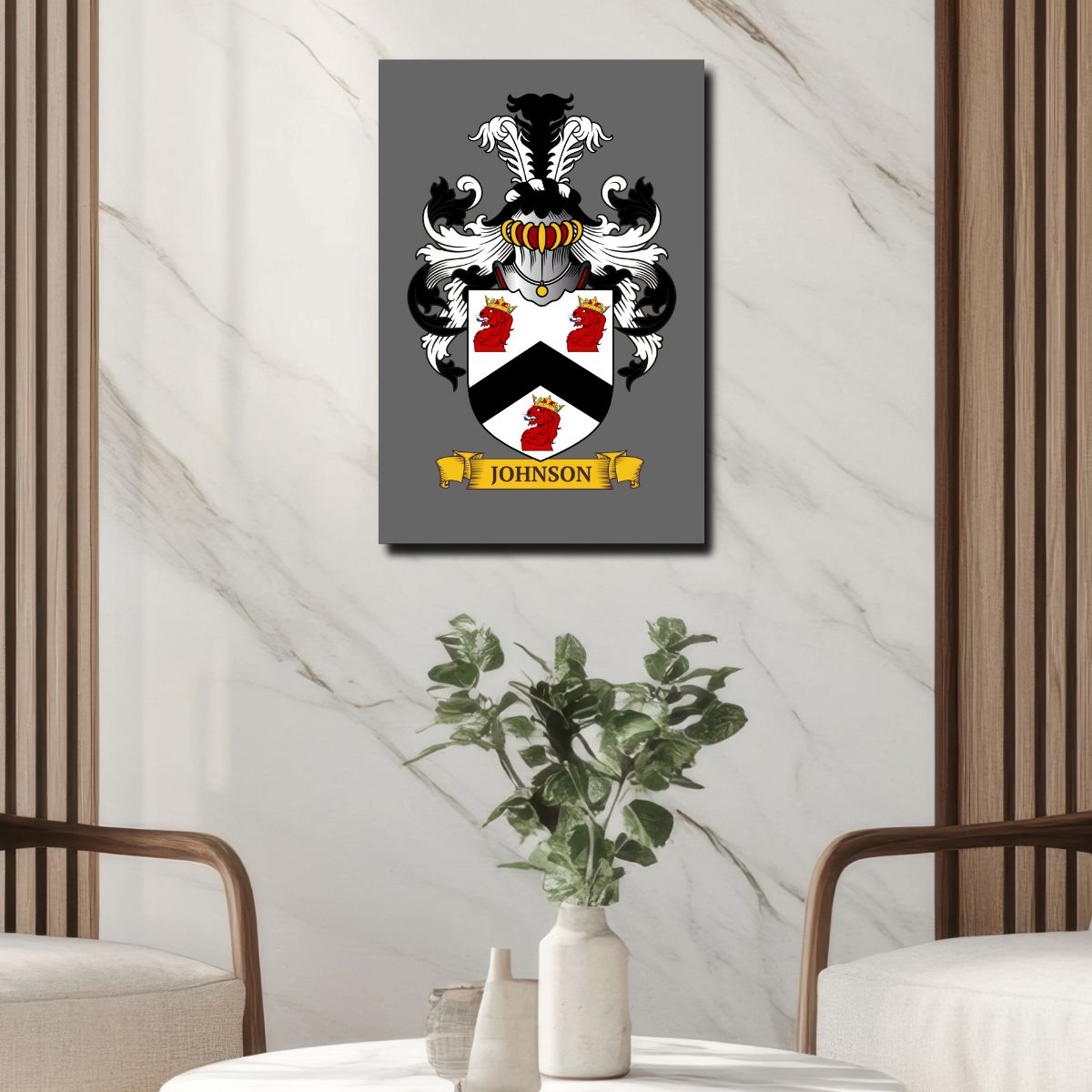 Customized gray metal print of a family crest, displayed in a room with marble walls and a vase with greenery.