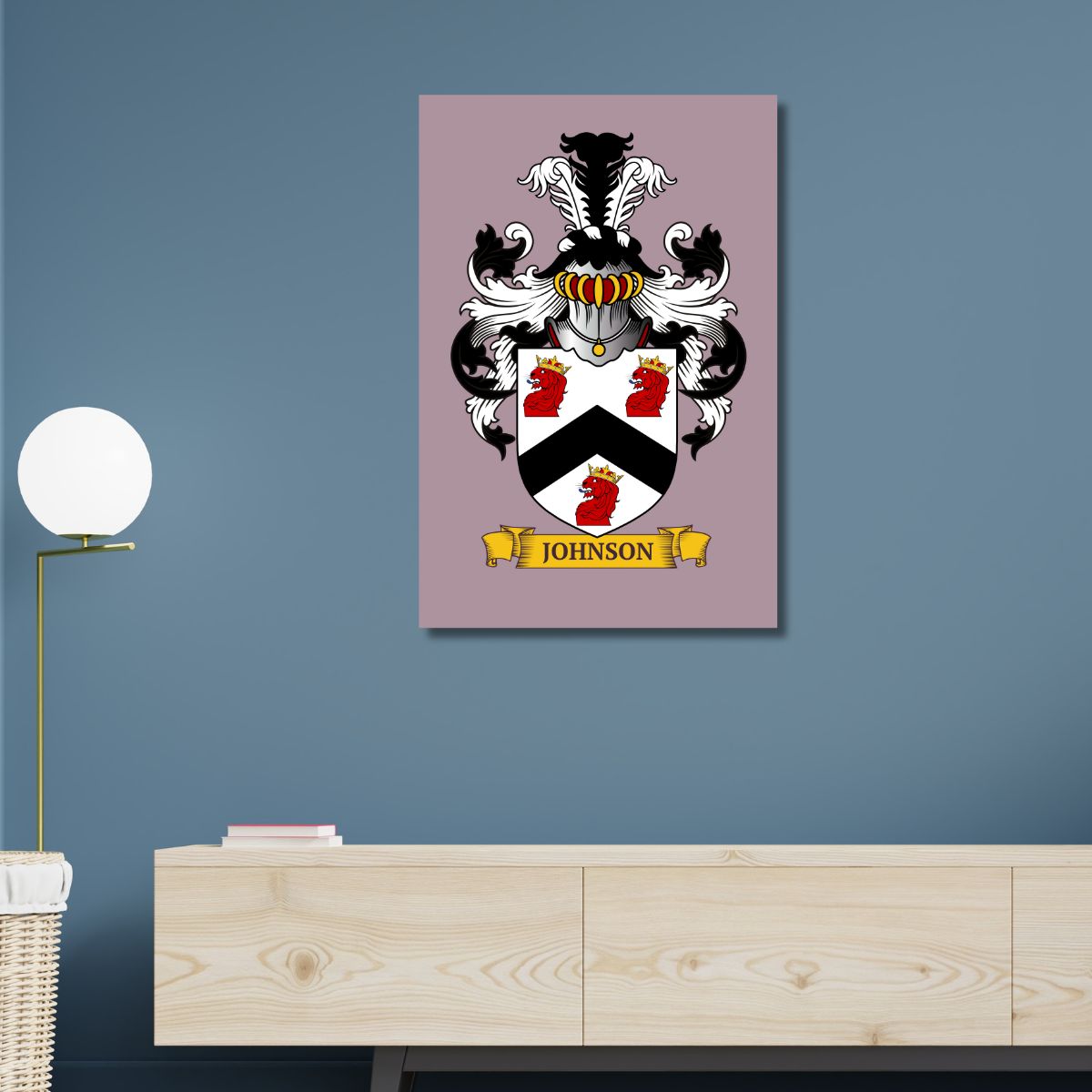 Personalized mauve metal print of a family crest, displayed on a blue wall above a wooden cabinet.