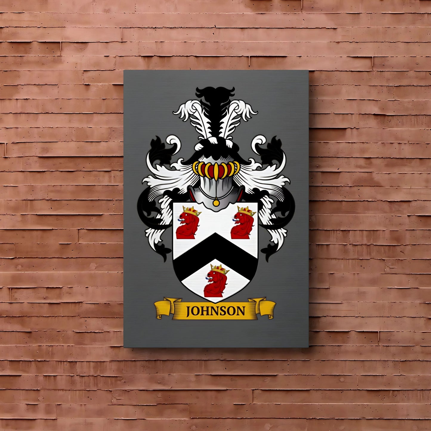 Customized gray metal print of a family crest, on a brick wall.