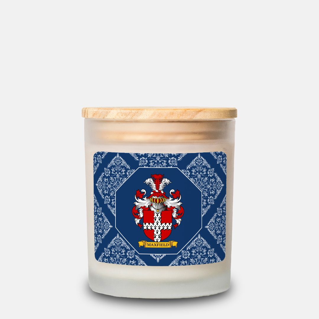Personalized scented candle with a wooden lid featuring a coat of arms design on a blue and white patterned label.
