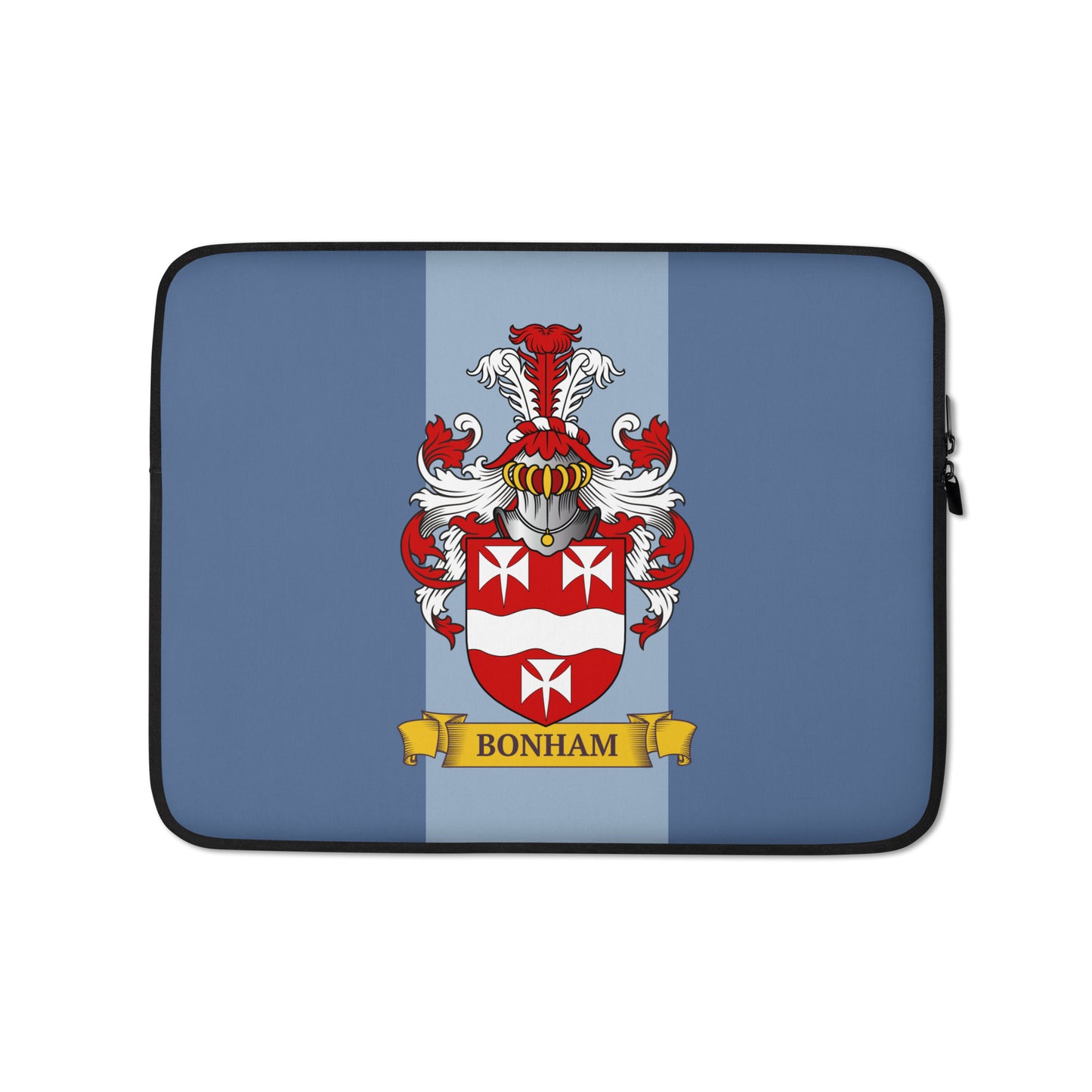 Blue color 13" Laptop sleeve with a personalized family crest on a 2 tone blue background