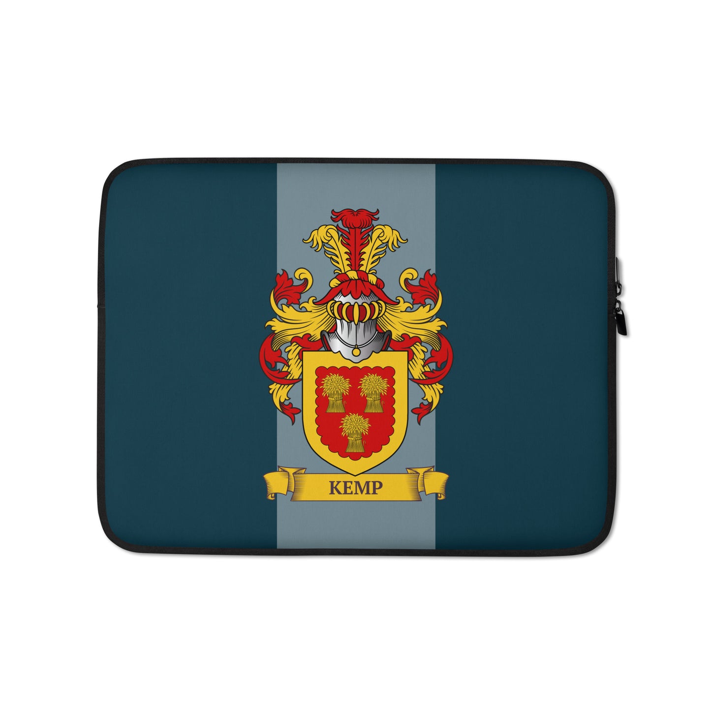 Teal color 13" Laptop sleeve with a personalized coat of arms on a 2 tone teal background