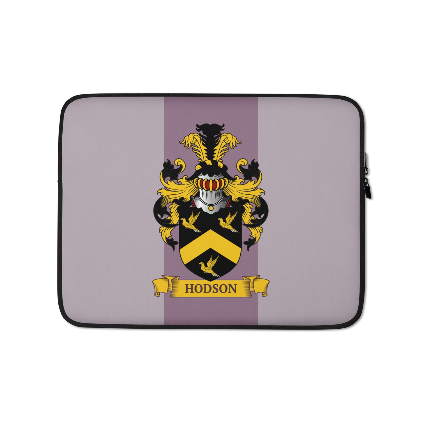 Mauve color 13" Laptop sleeve with a personalized coat of arms on a 2 tone mauve background