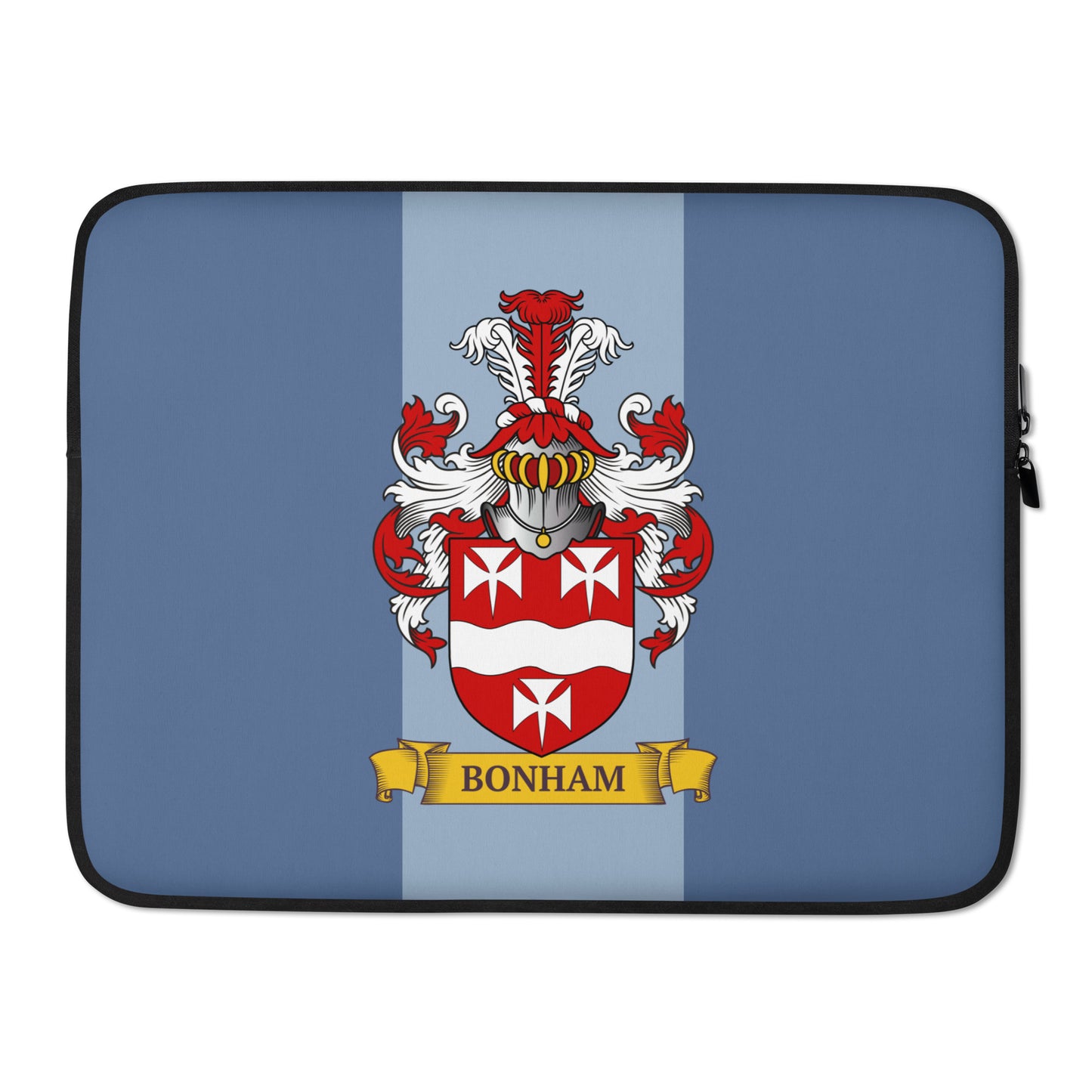 Blue color 15" Laptop sleeve with a personalized family crest on a 2 tone blue background