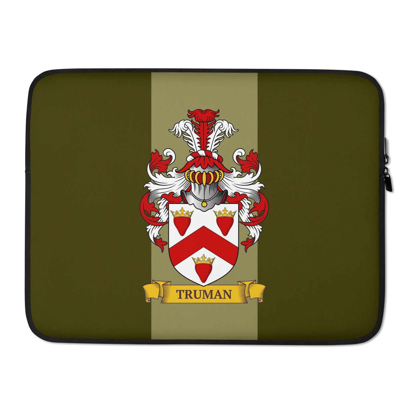 Olive green color 15" Laptop sleeve with a personalized family crest on a 2 tone green background