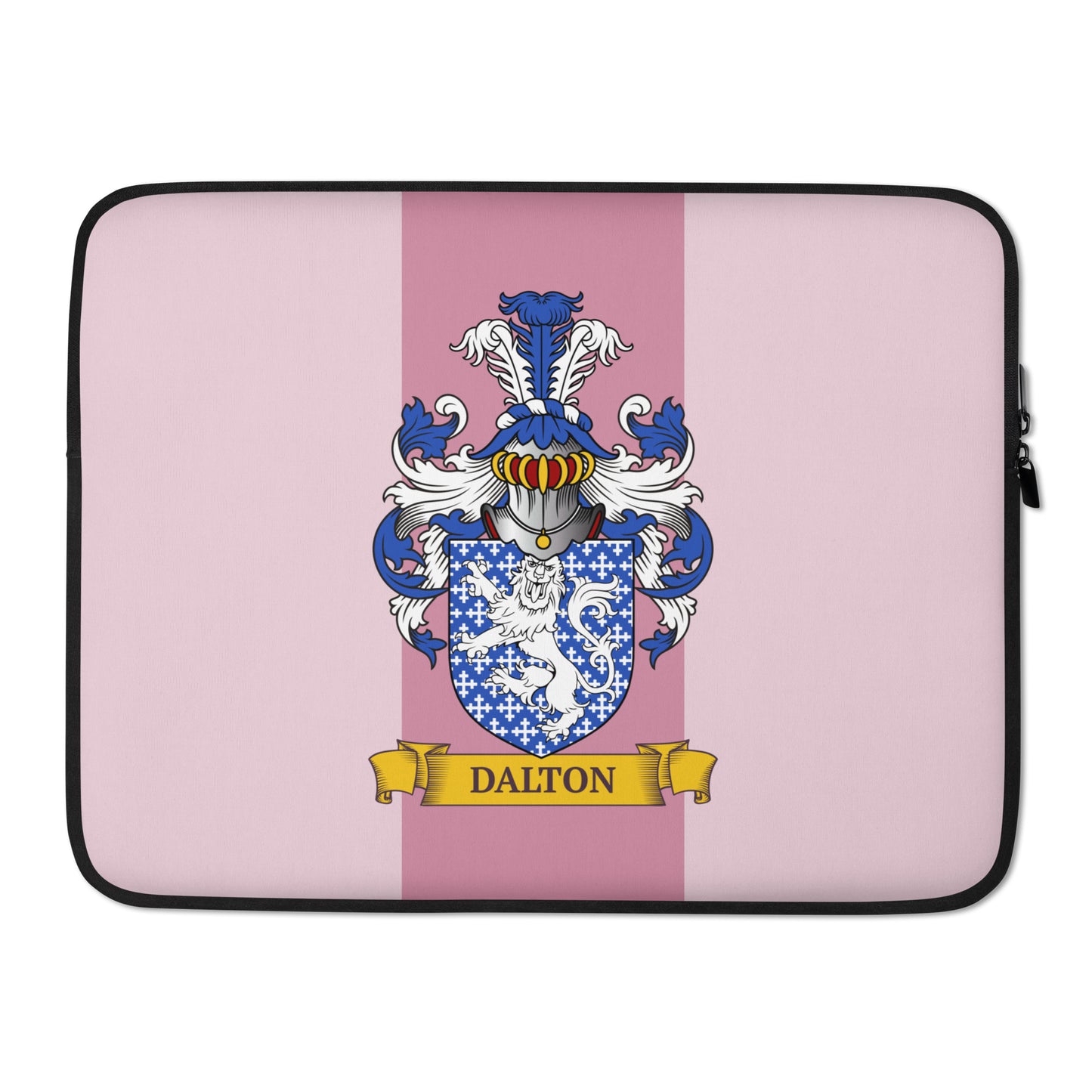 Pink color 15" Laptop sleeve with a personalized family crest on a 2 tone background