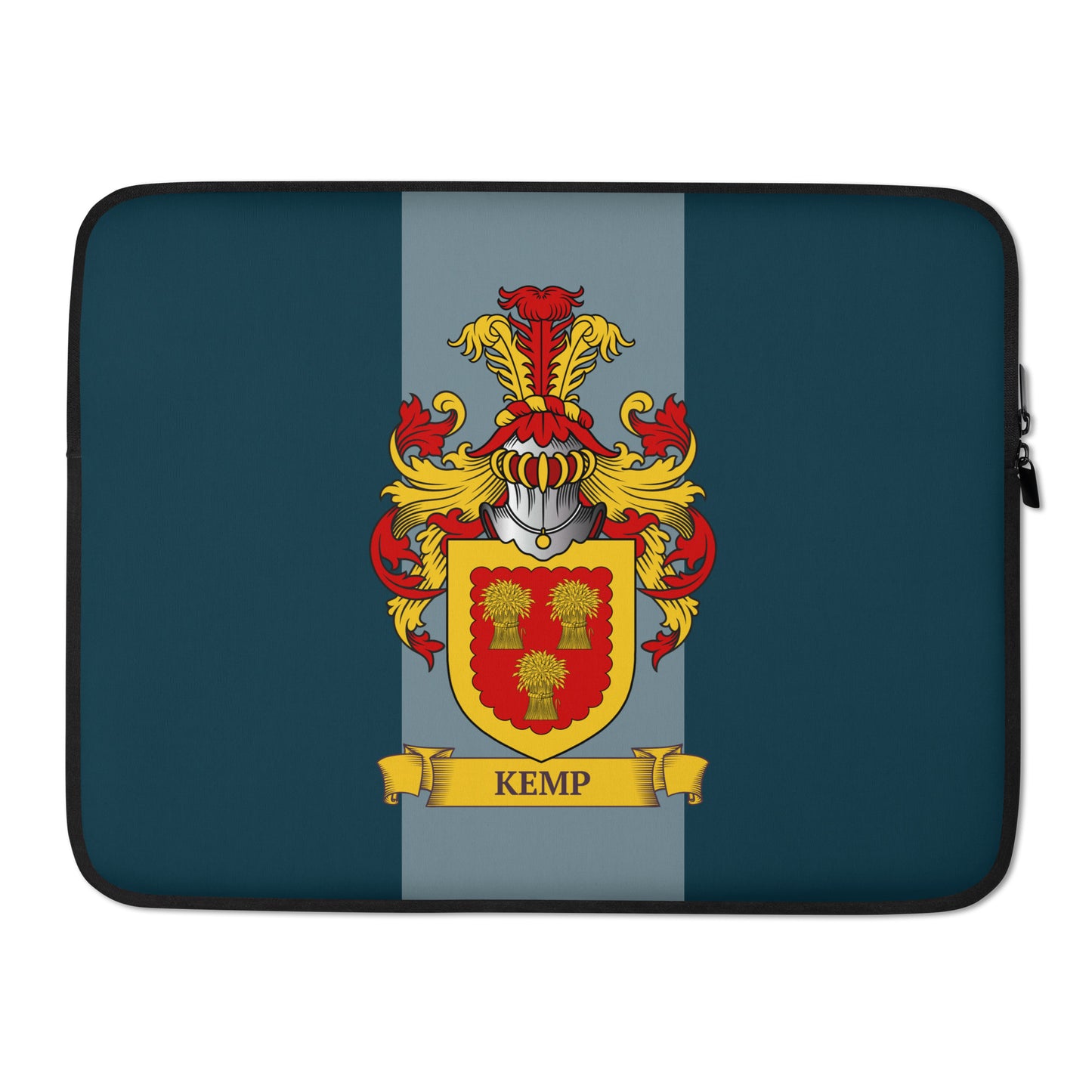 Teal color 15" Laptop sleeve with a personalized coat of arms on a 2 tone teal background
