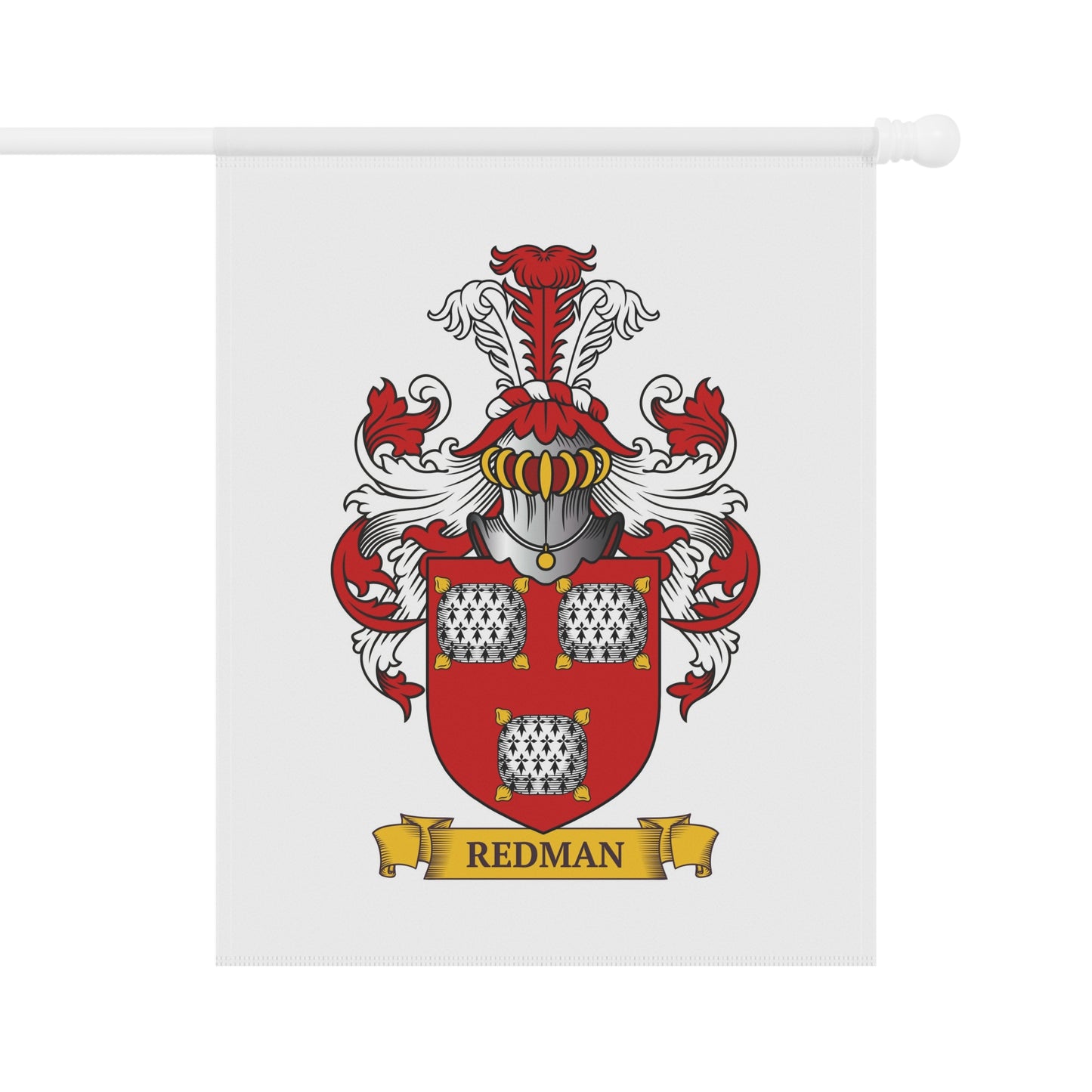 Personalized Family crest white garden flag with the last name 'Redman' on a white background