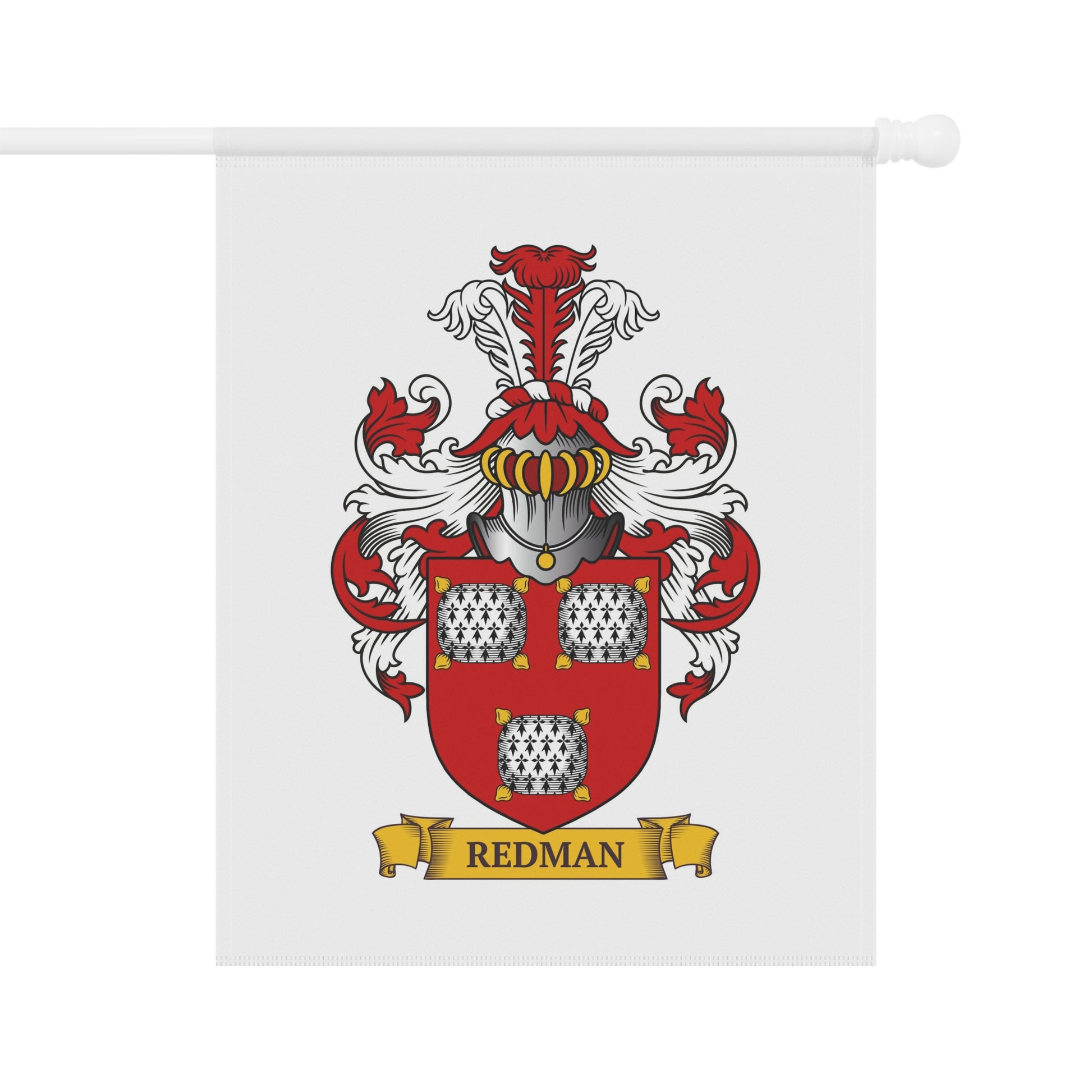 Personalized Family crest white garden flag with the last name 'Redman' on a white background