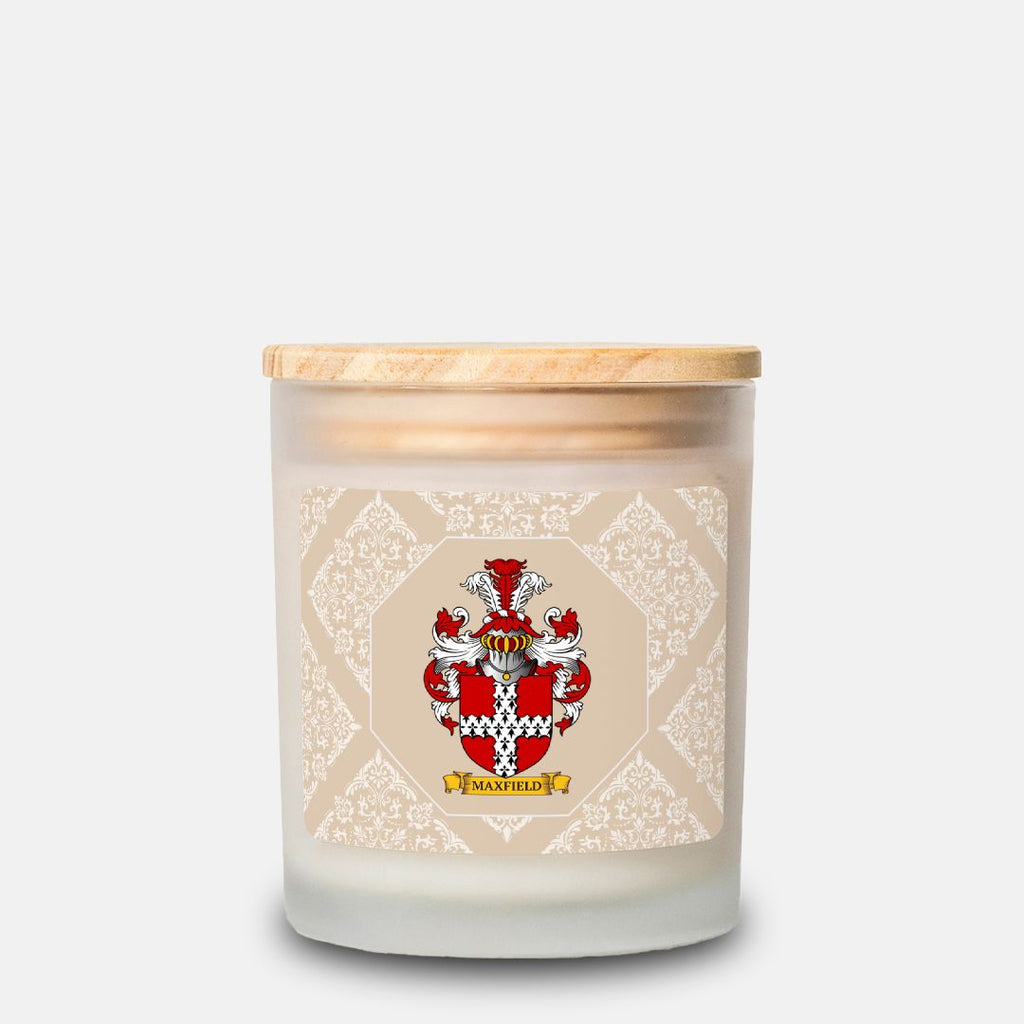 Customized off-white scented candle with a decorative label featuring a coat of arms on a white background