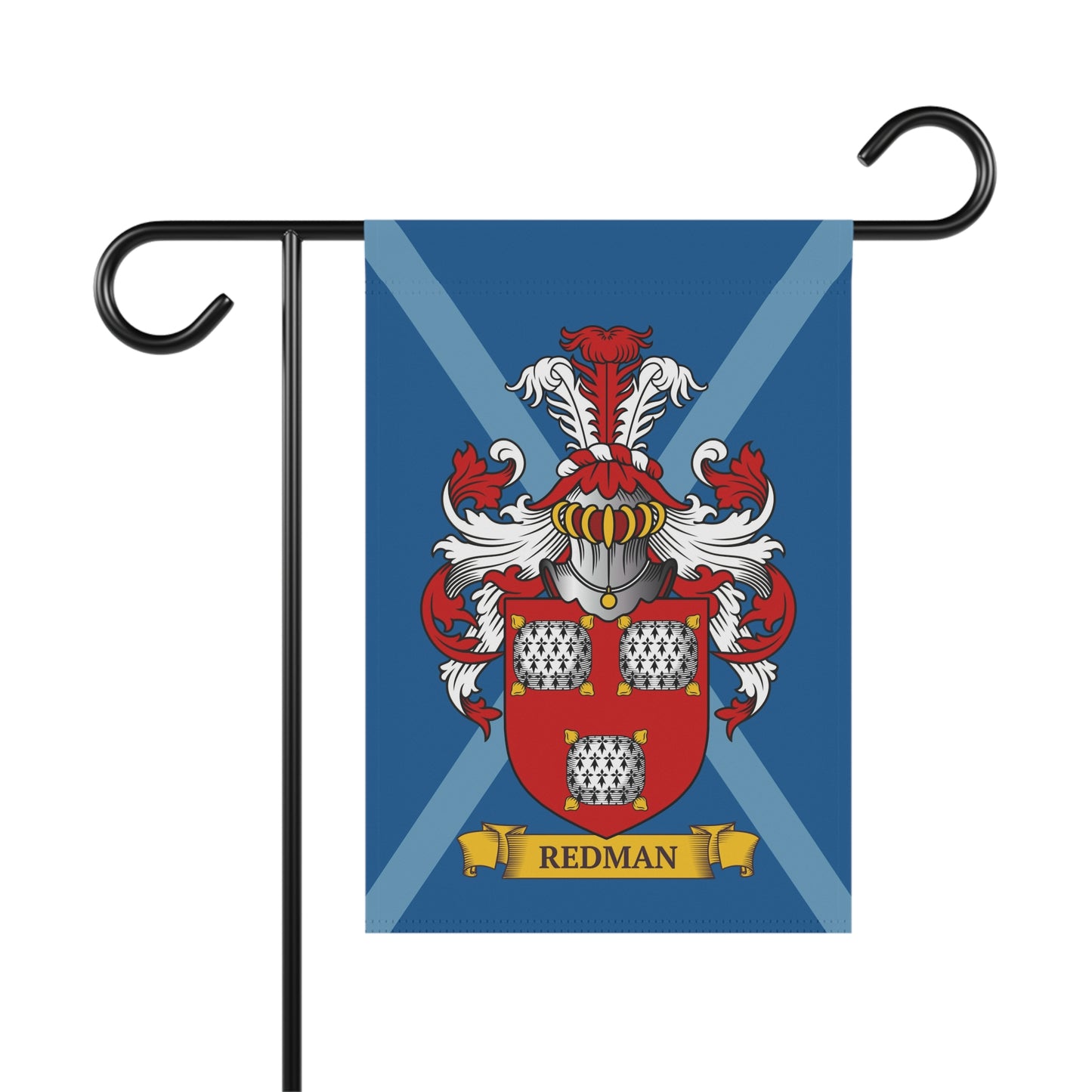 Flag with a family crest design on a blue background, featuring a personalized last name on a white background
