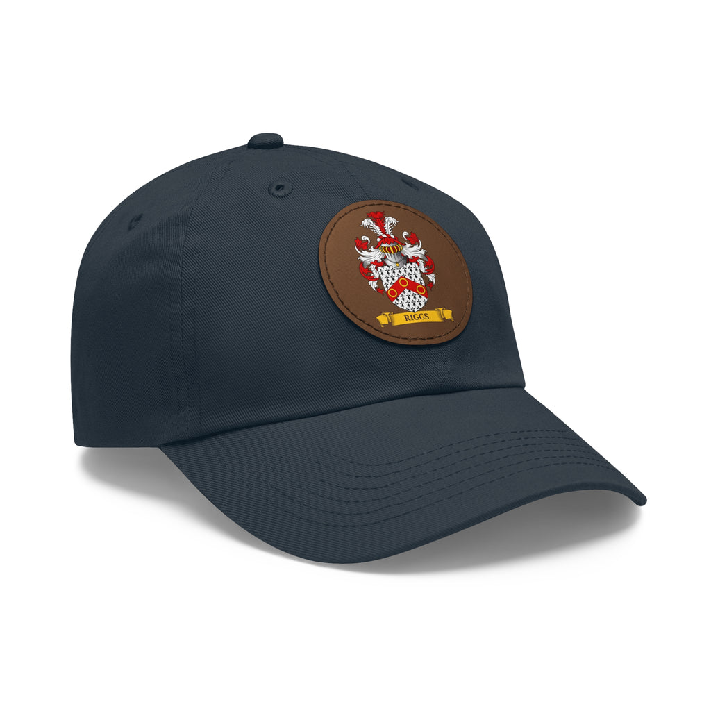 Navy blue cap with a brown patch featuring a personalized family crest on a white background