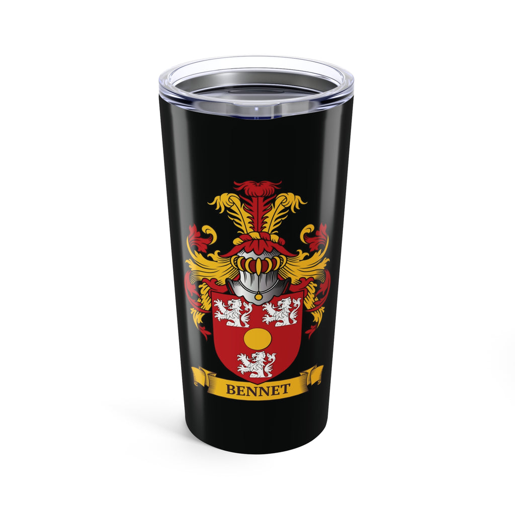 Black tumbler with a colorful coat of arms design and 'Bennet' last name on a family scroll