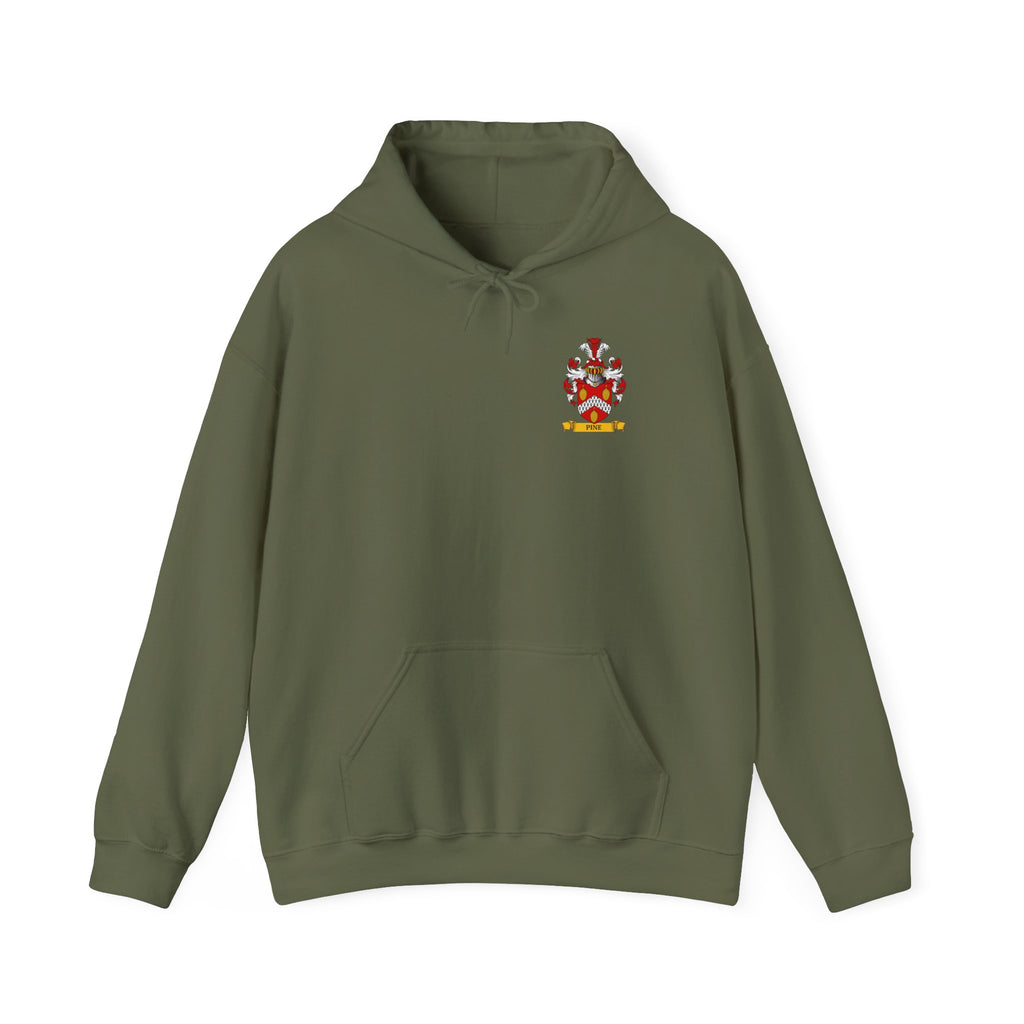 Green hoodie with a personalized family crest on the chest against a white background