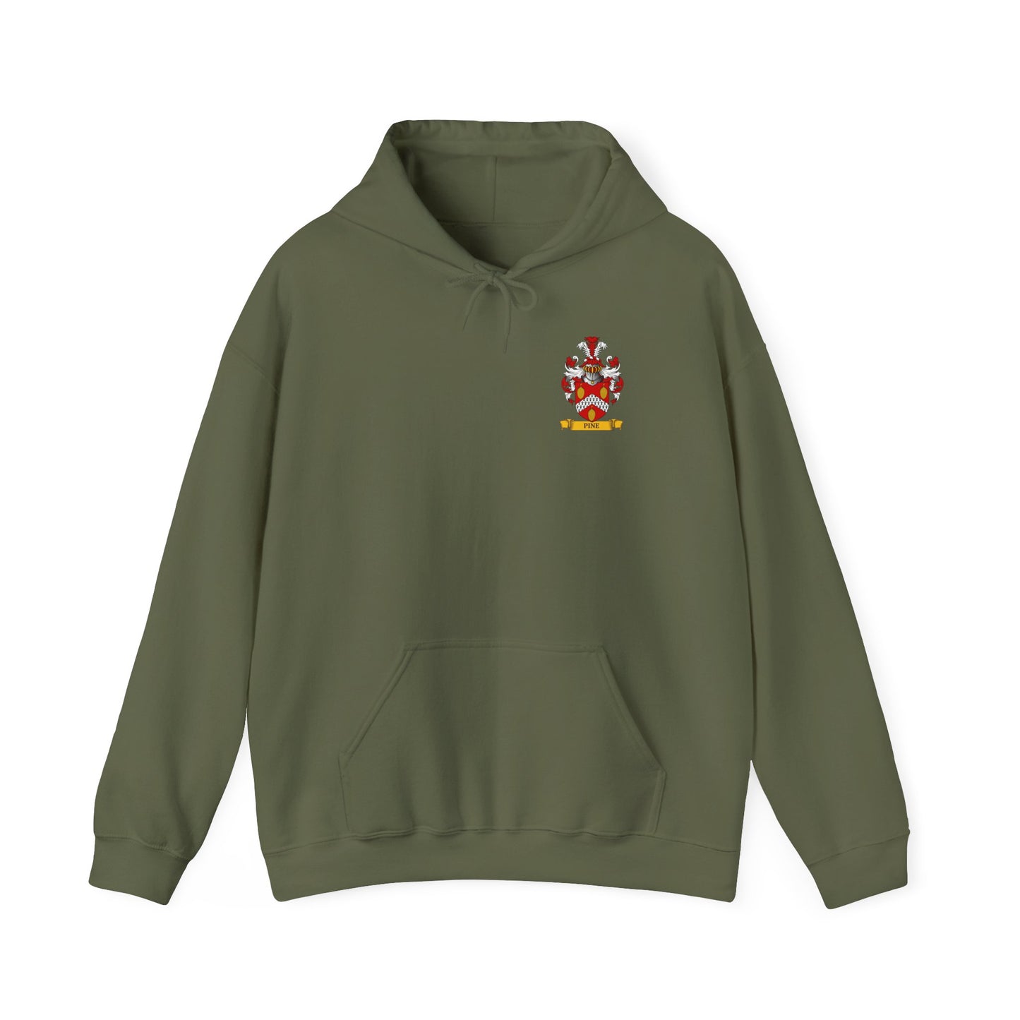 Green hoodie with a personalized family crest on the chest against a white background