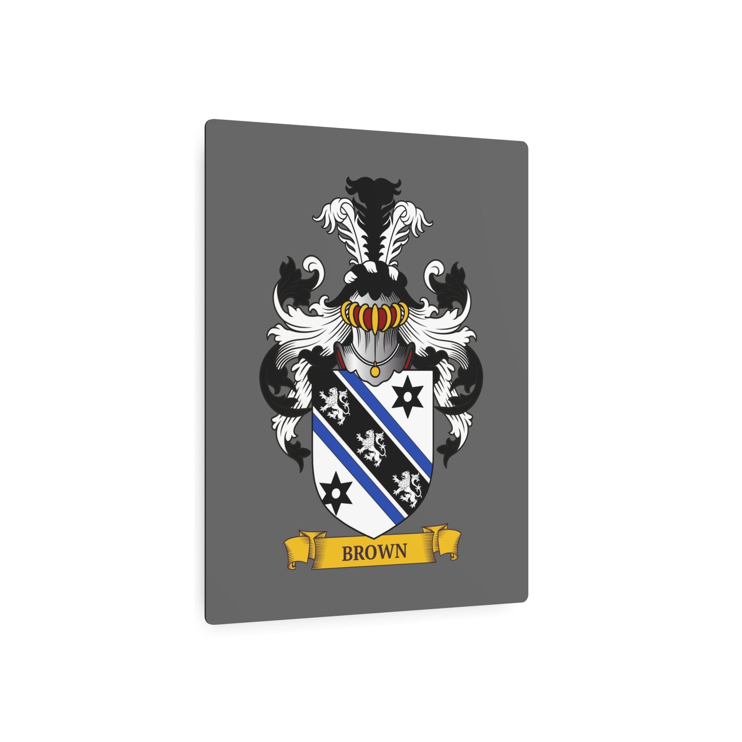 Personalized gray metal print with a Family crest on a white background