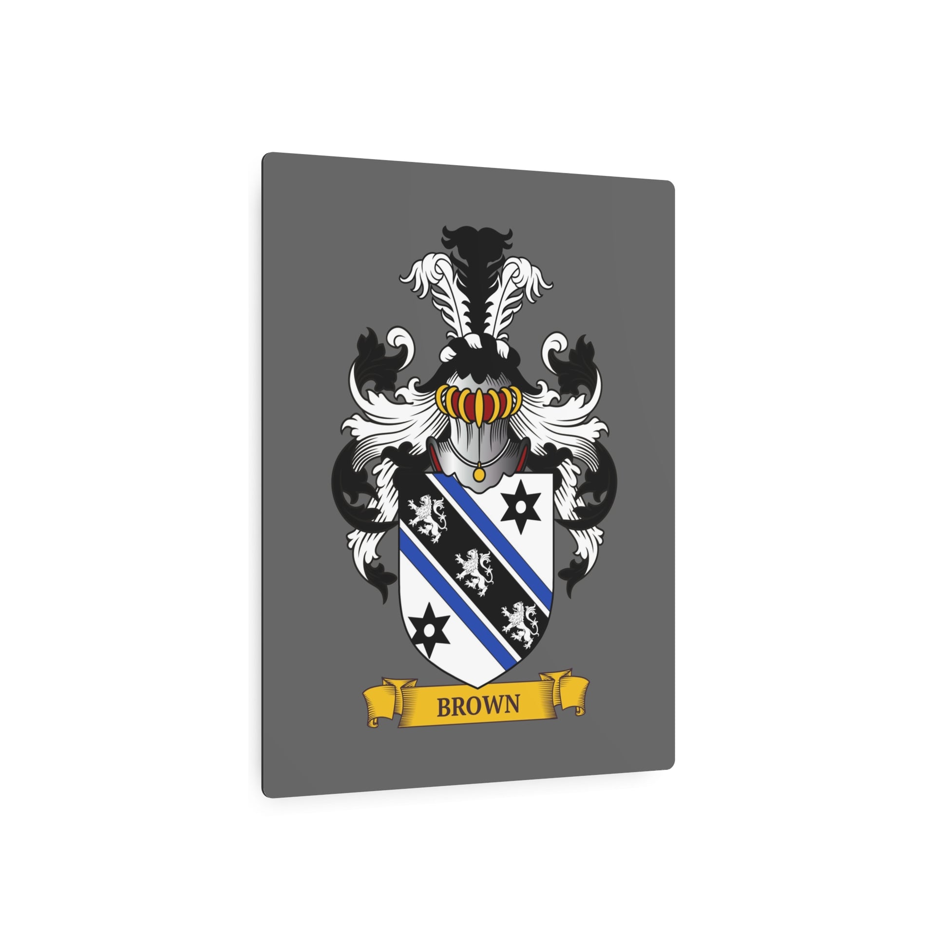 Personalized gray metal print with a Family crest on a white background