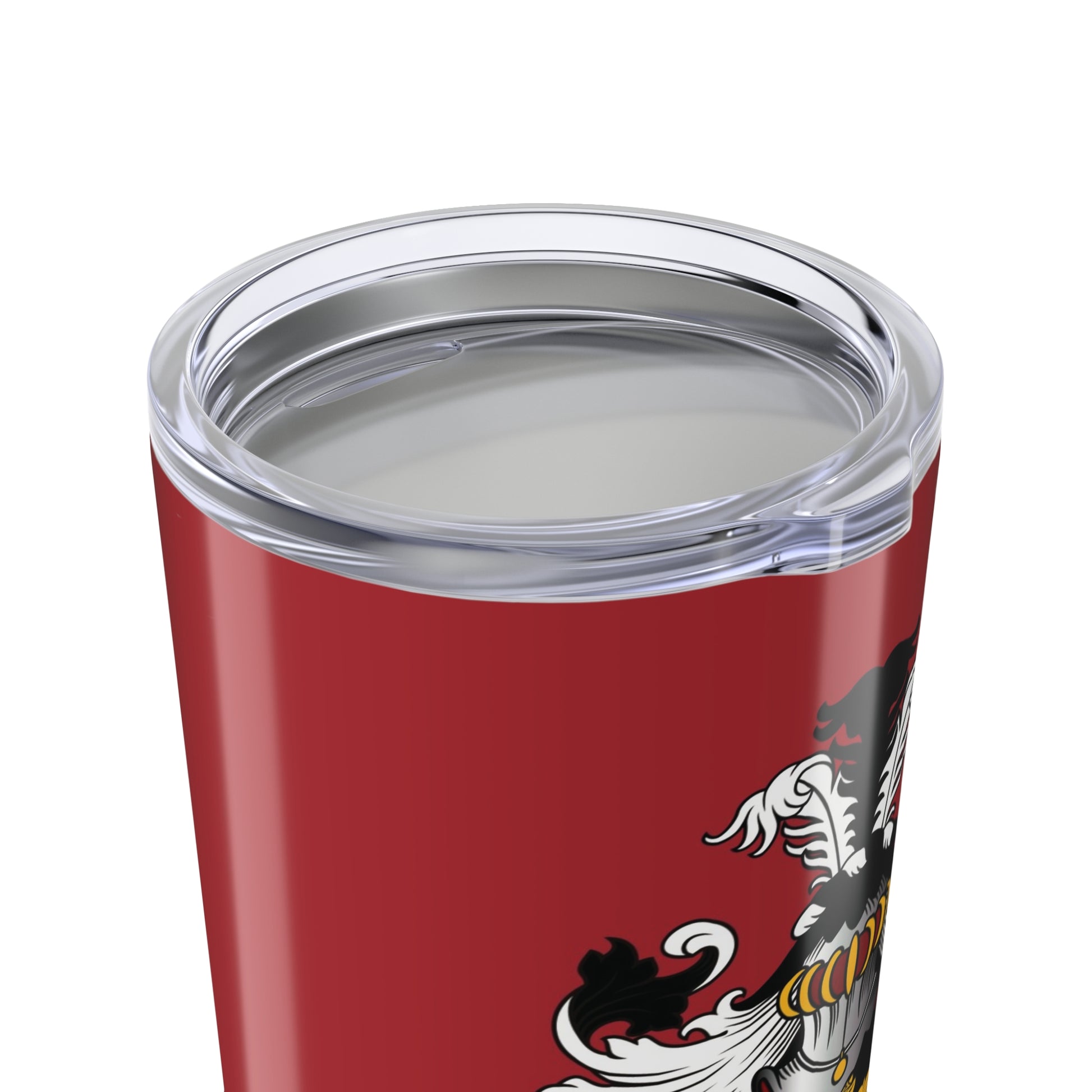 Close up of a Red tumbler with a lid in place.