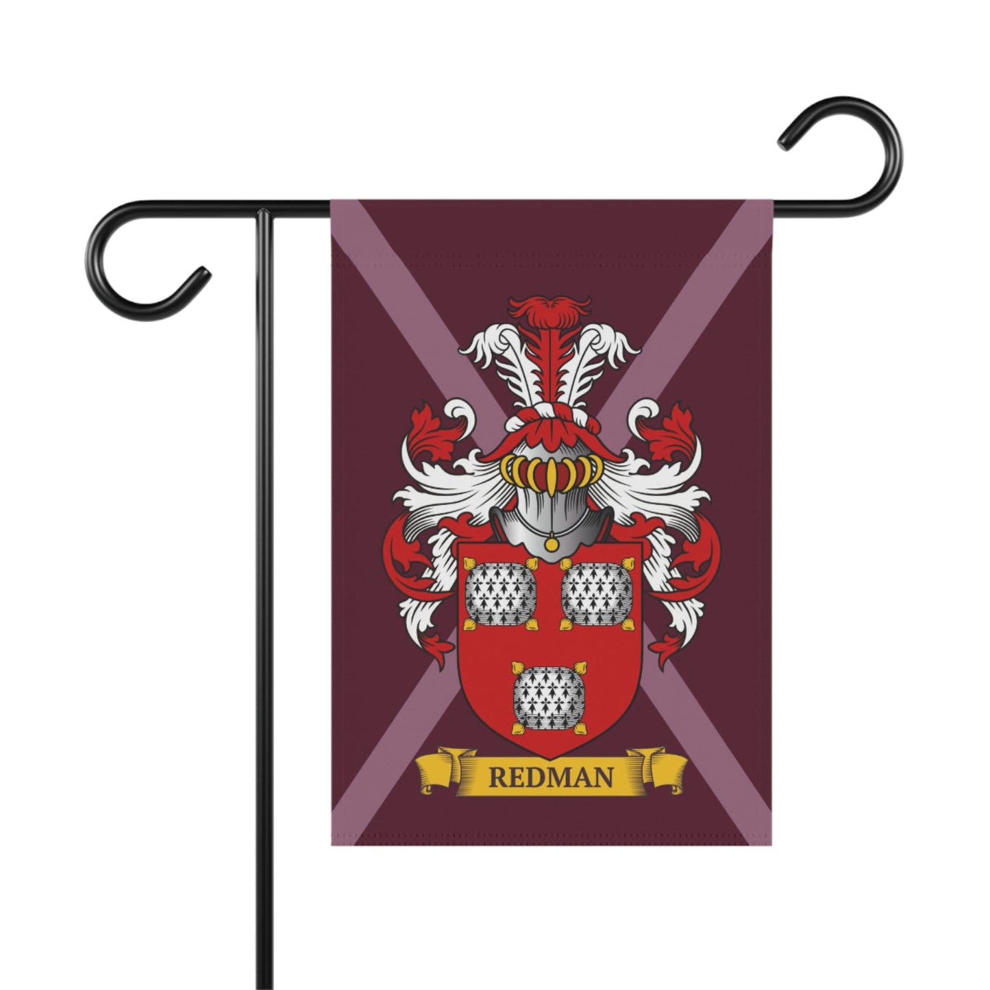 Family crest flag with personalized last name on a maroon background