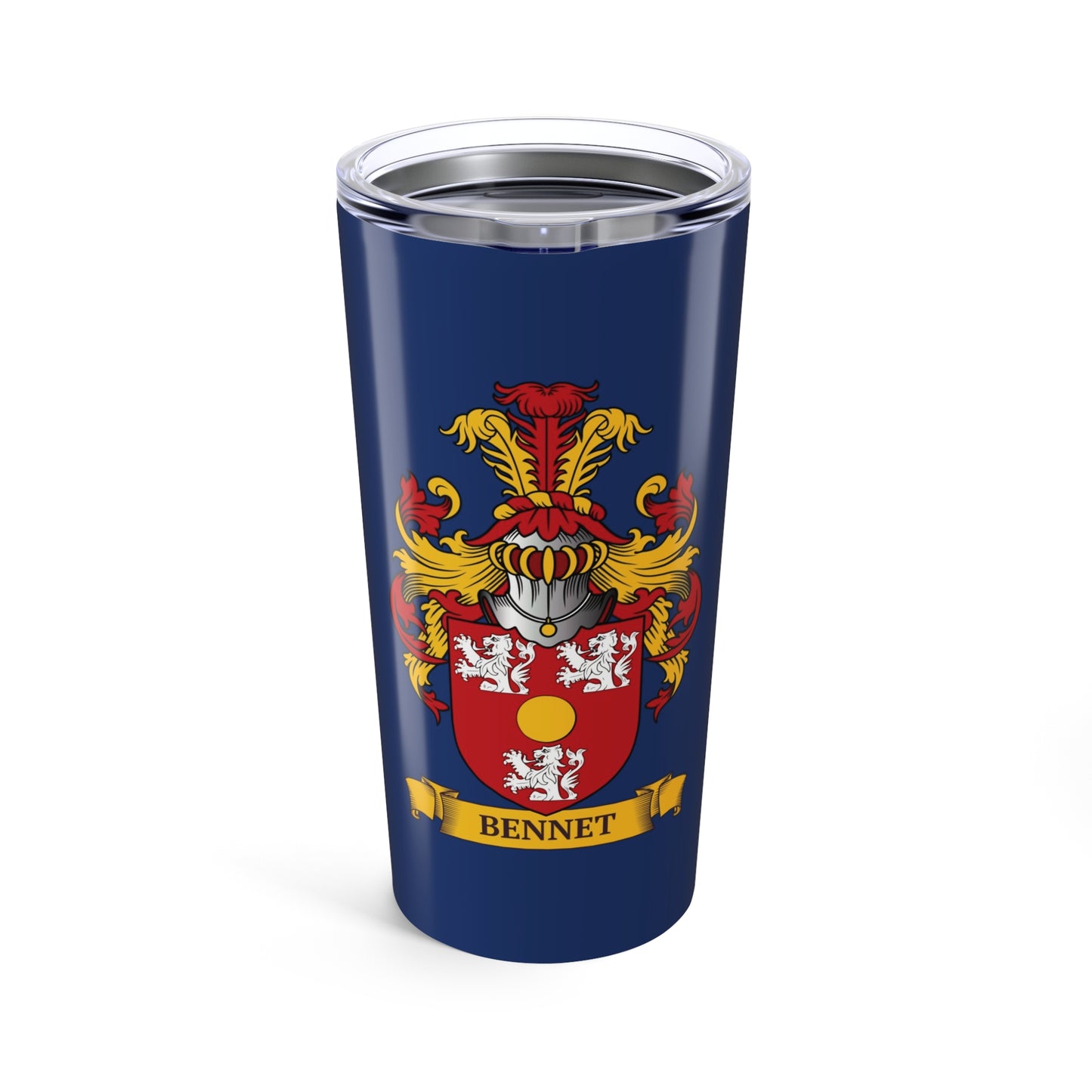 Blue tumbler with a coat of arms design and 'Bennet' last name on a scroll