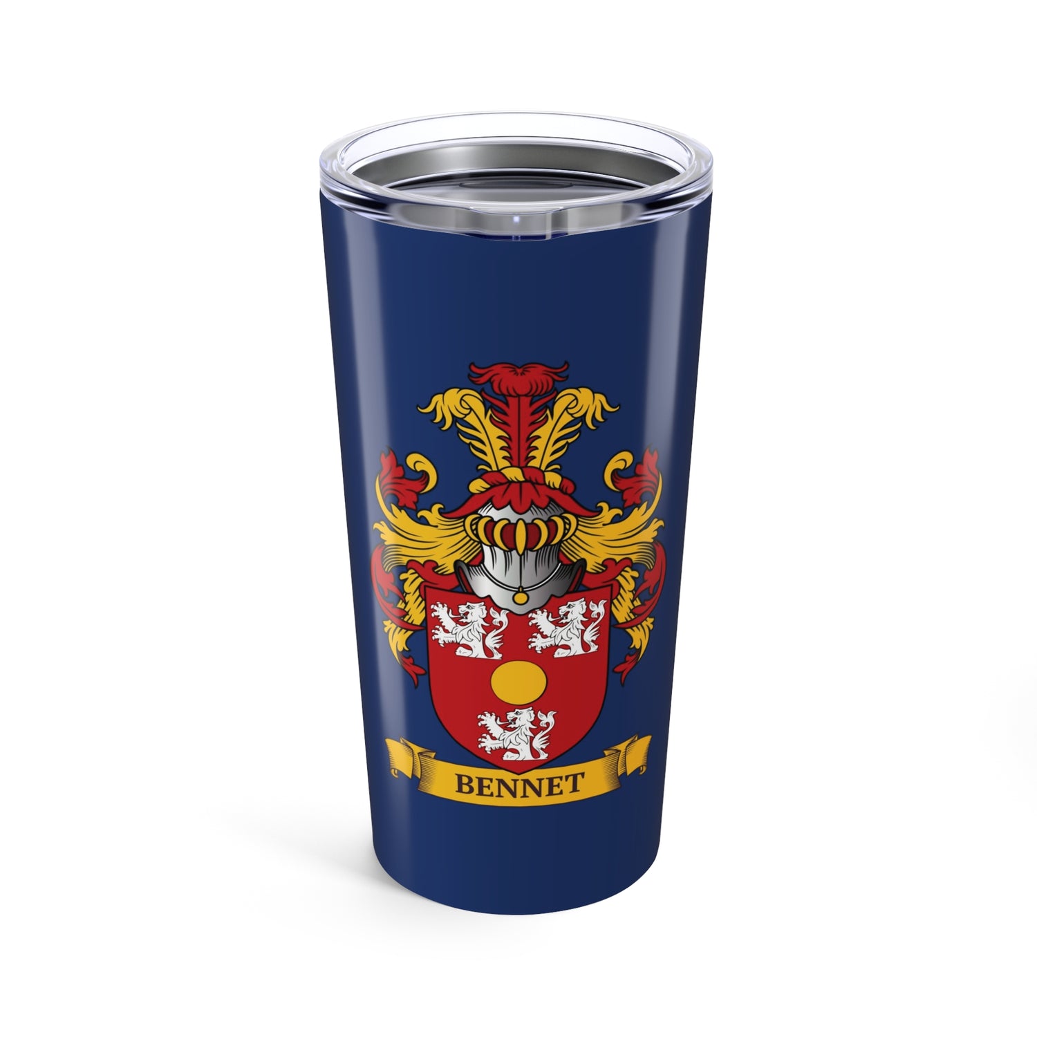 Blue tumbler with a coat of arms design and 'Bennet' last name on a scroll