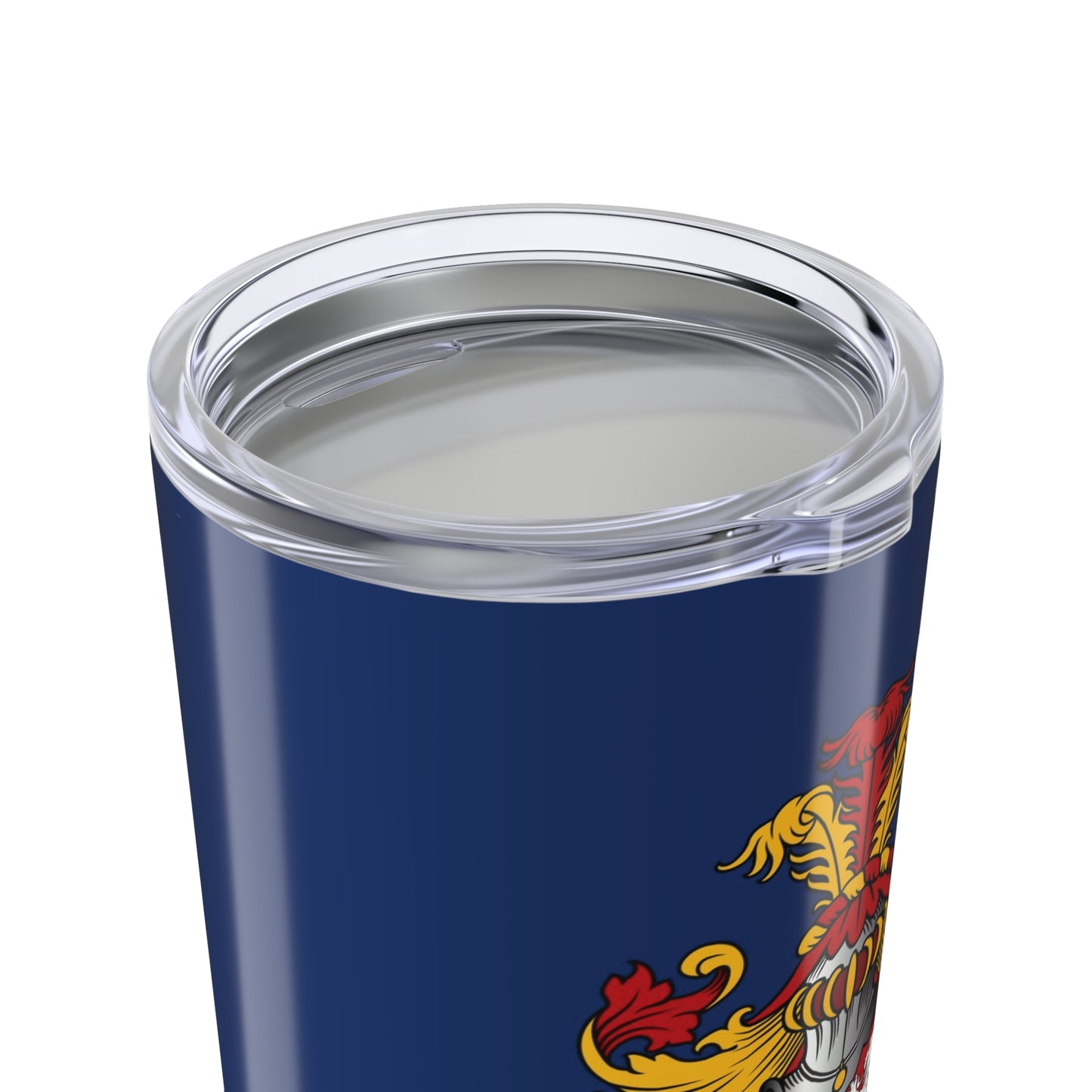 Blue stainless steel tumbler printed with a family crest