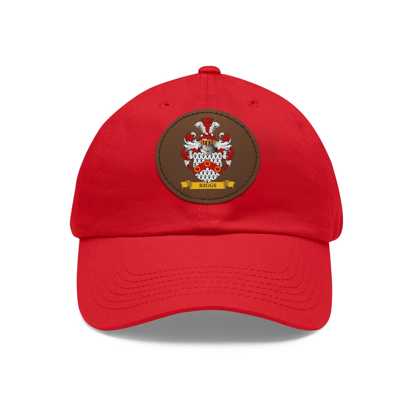 Red cap with a brown patch featuring a personalized family crest on a white background