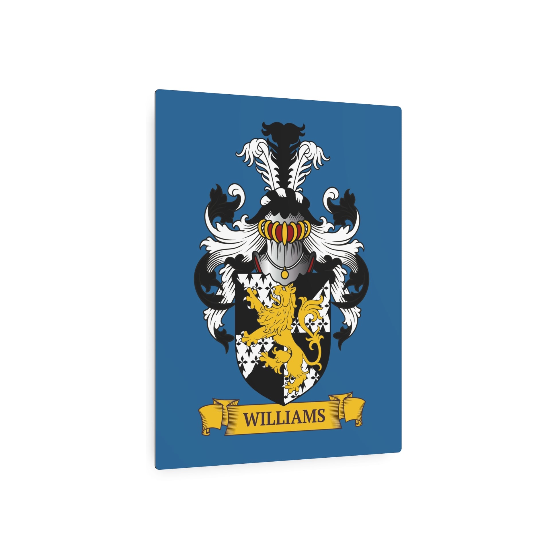 Blue metal print with a Family crest, on a white background