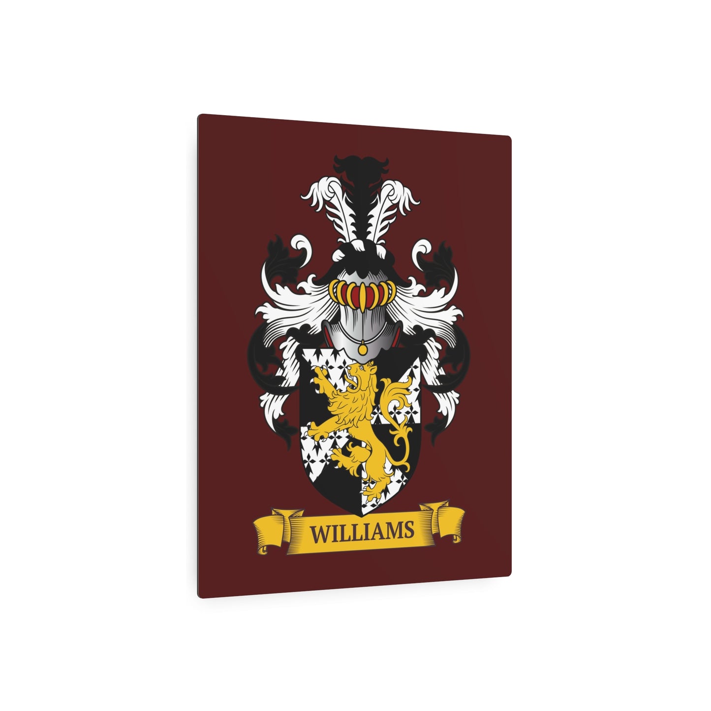 Burgundy color family crest metal print on a white background