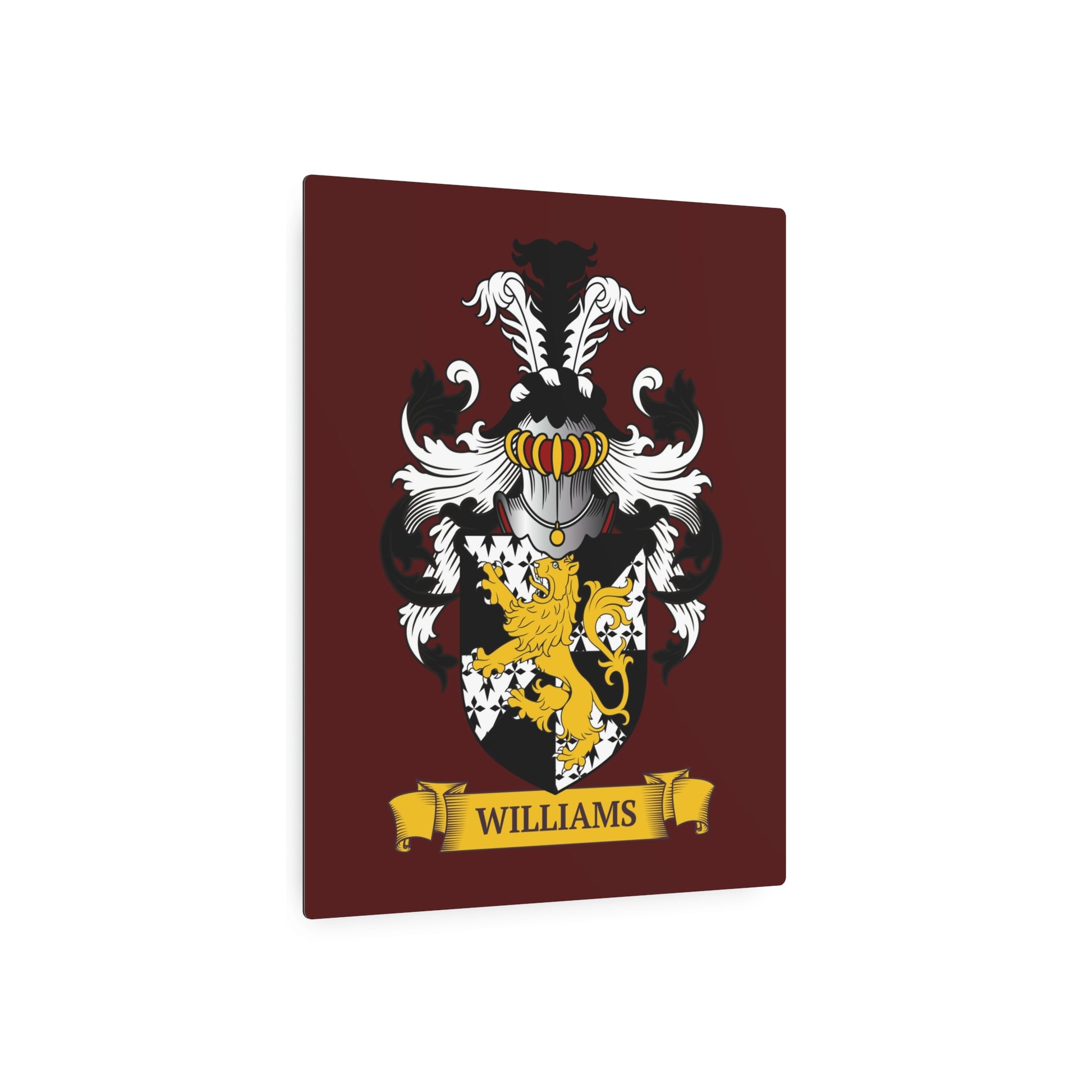 Burgundy color family crest metal print on a white background