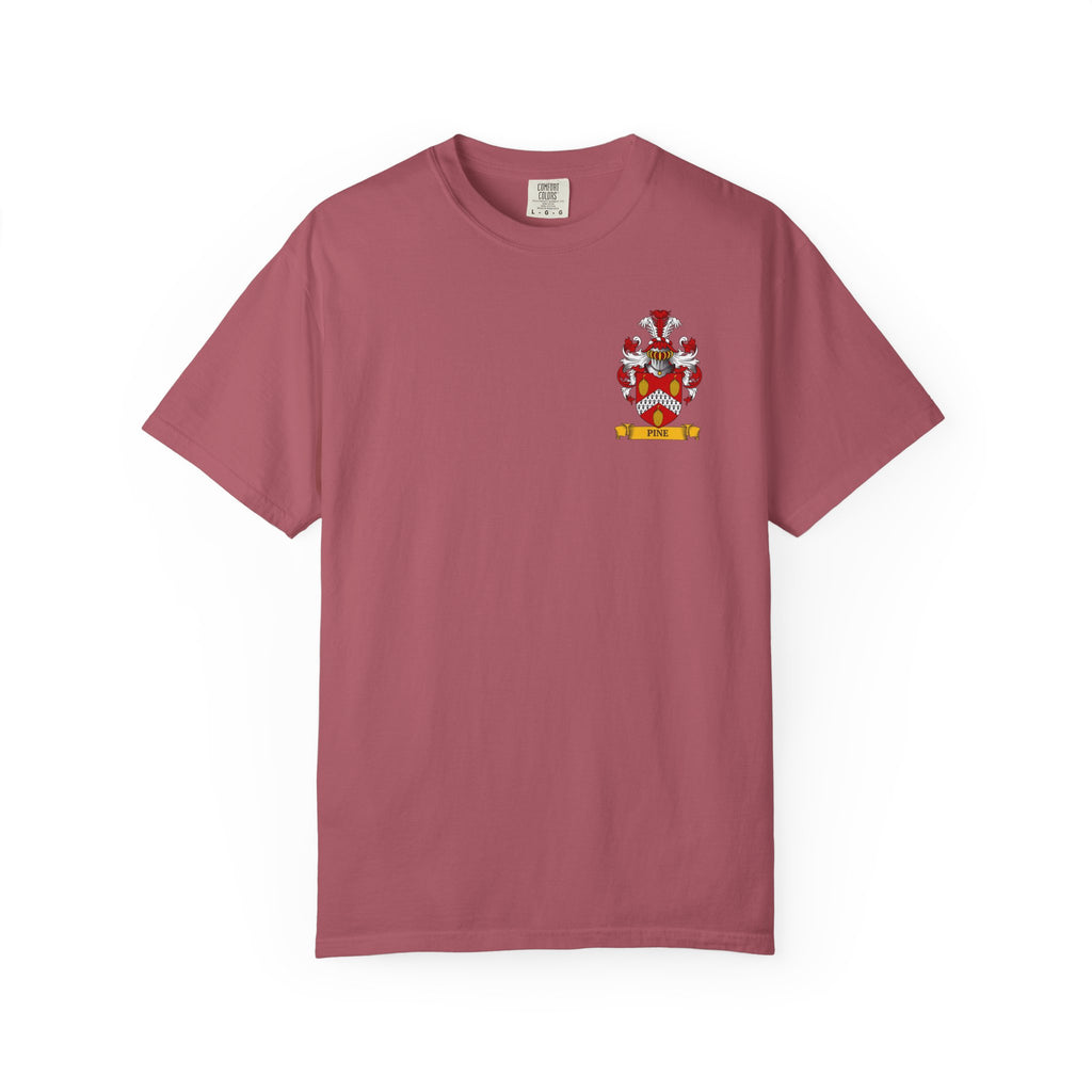 Garment-Dyed Maroon t-shirt with a personalized family crest design on a white background