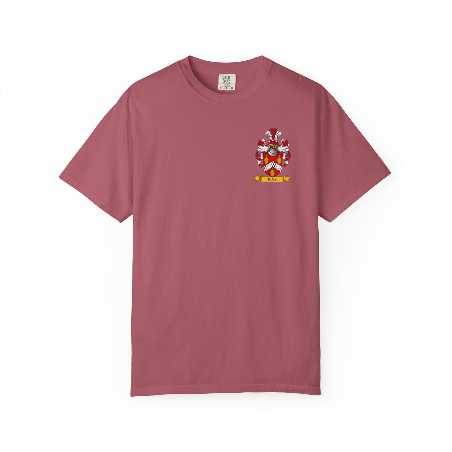 Garment-Dyed Maroon t-shirt with a personalized family crest design on a white background