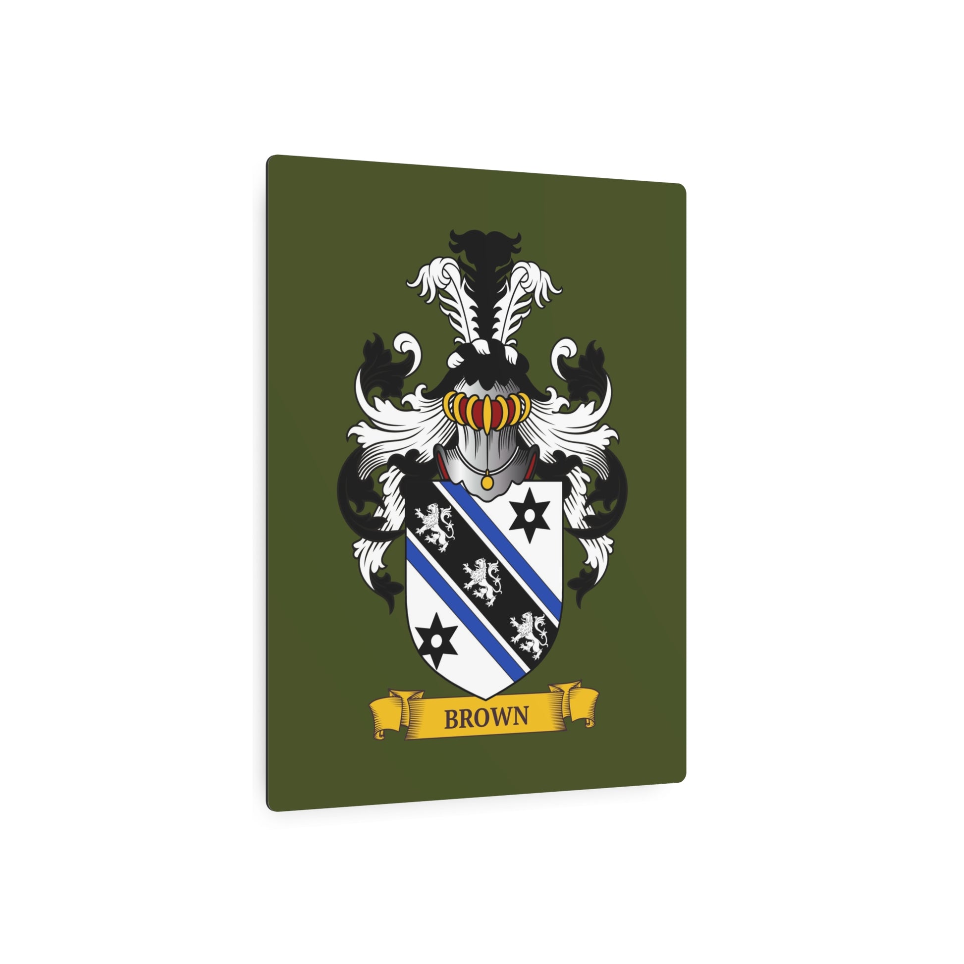 Personalized green metal print with a Family crest on a white background