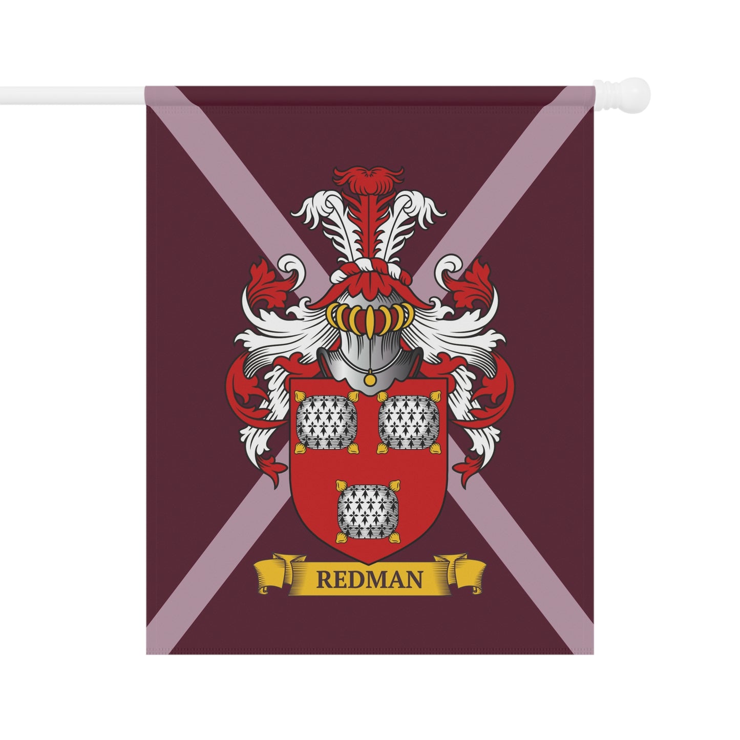 Personalized Family crest flag with last name on a maroon background